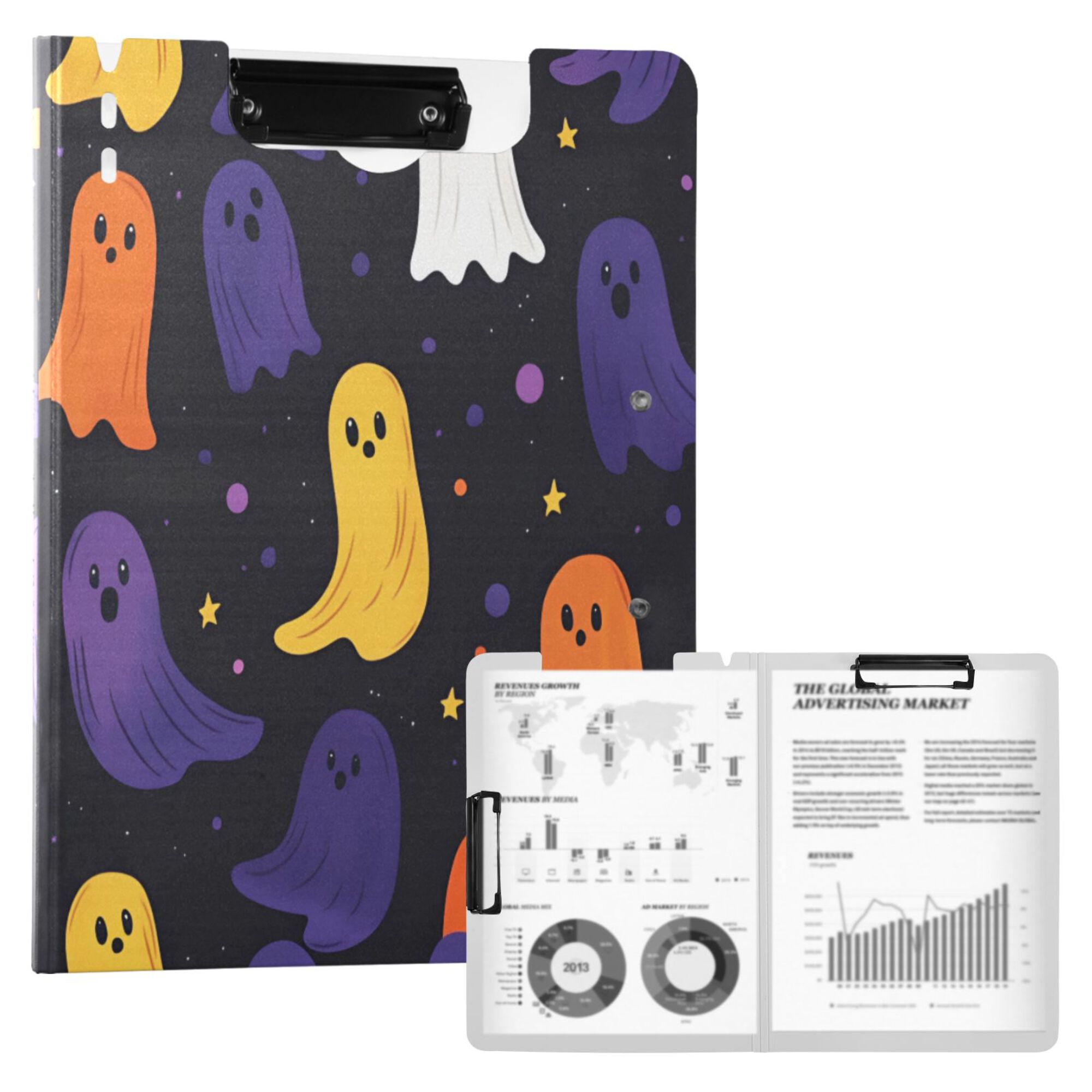 FORMRS A4 Clipboard Folder with Pen Holder Horizontal Foldable School Office Binder, Halloween Colorful Ghosts