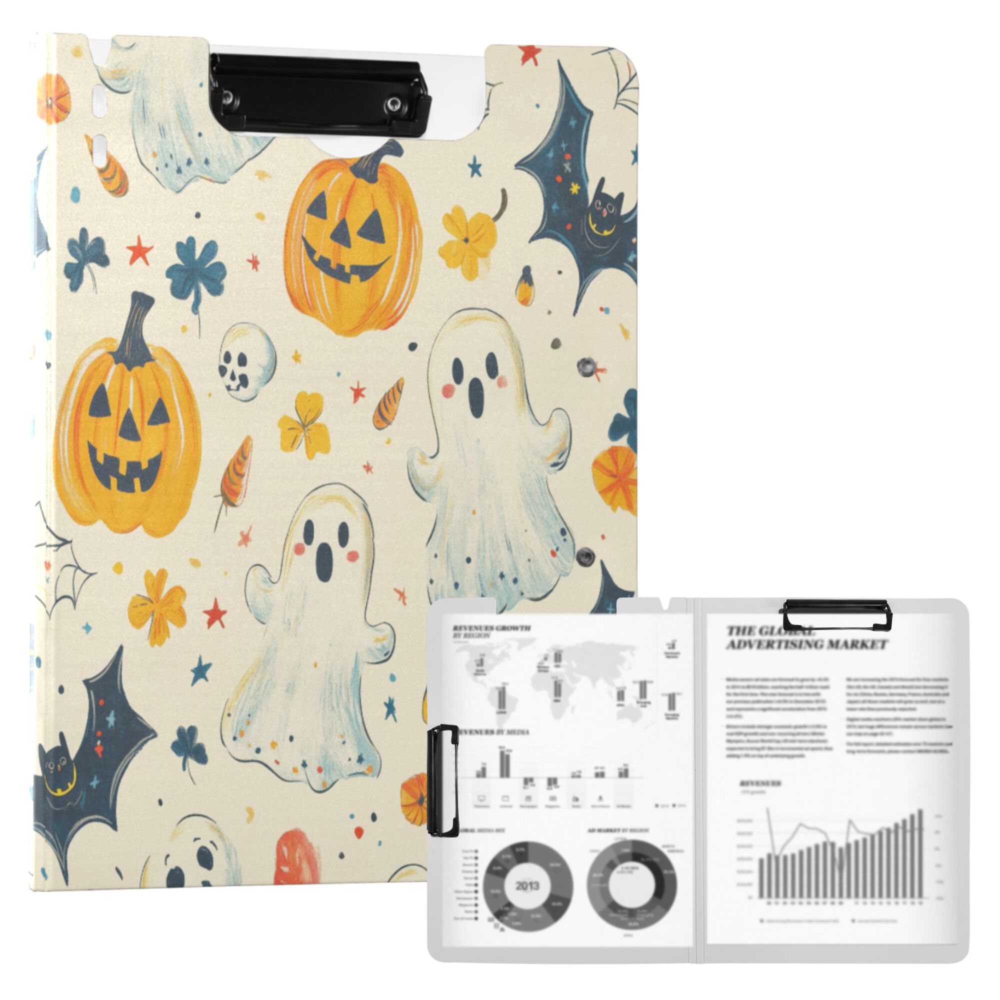 FORMRS A4 Clipboard Folder with Pen Holder Horizontal Foldable School Office Binder, Halloween Cute Ghosts