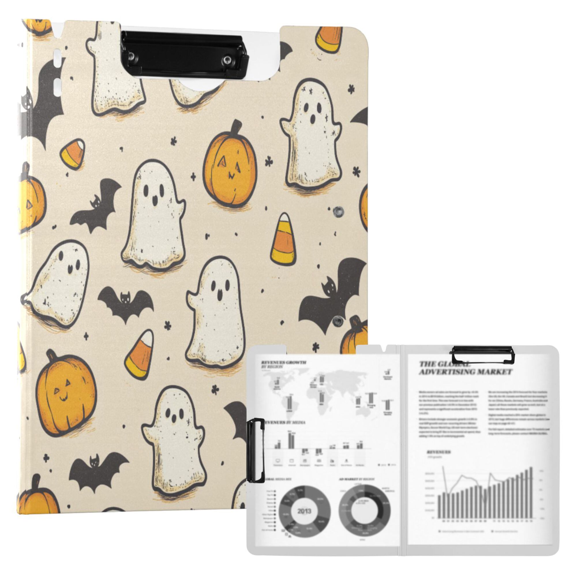 FORMRS A4 Clipboard Folder with Pen Holder Horizontal Foldable School Office Binder, Halloween Cute Ghosts