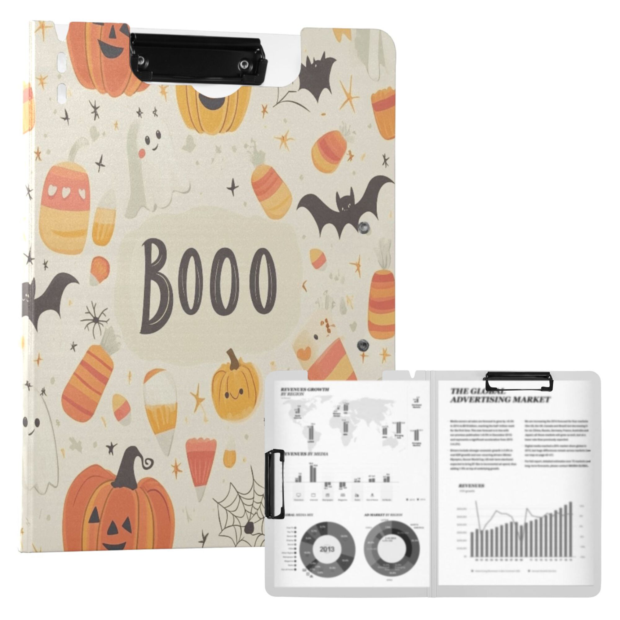 FORMRS A4 Clipboard Folder with Pen Holder Horizontal Foldable School Office Binder, Halloween Cute Pumpkins