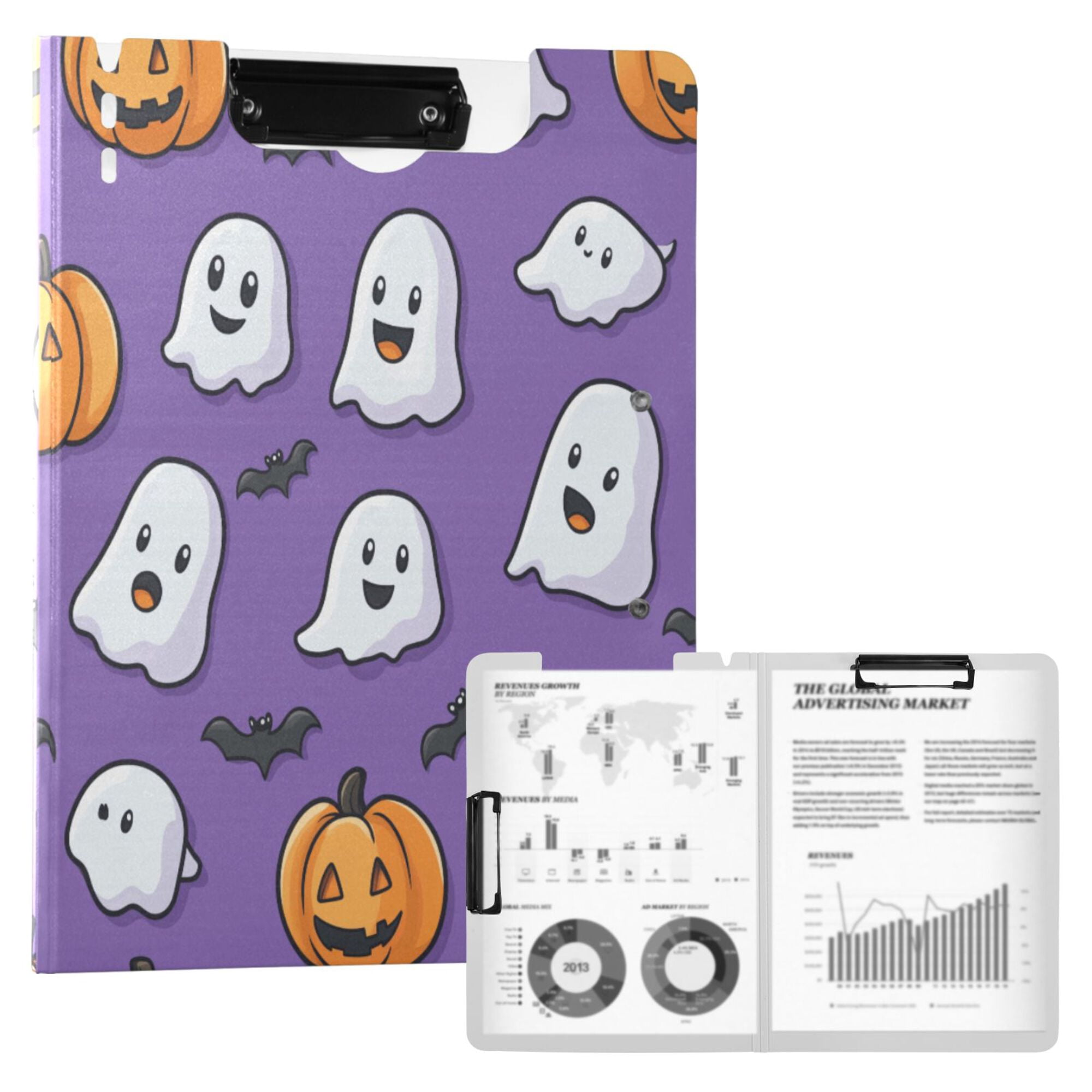 FORMRS A4 Clipboard Folder with Pen Holder Horizontal Foldable School Office Binder, Halloween Ghosts Purple