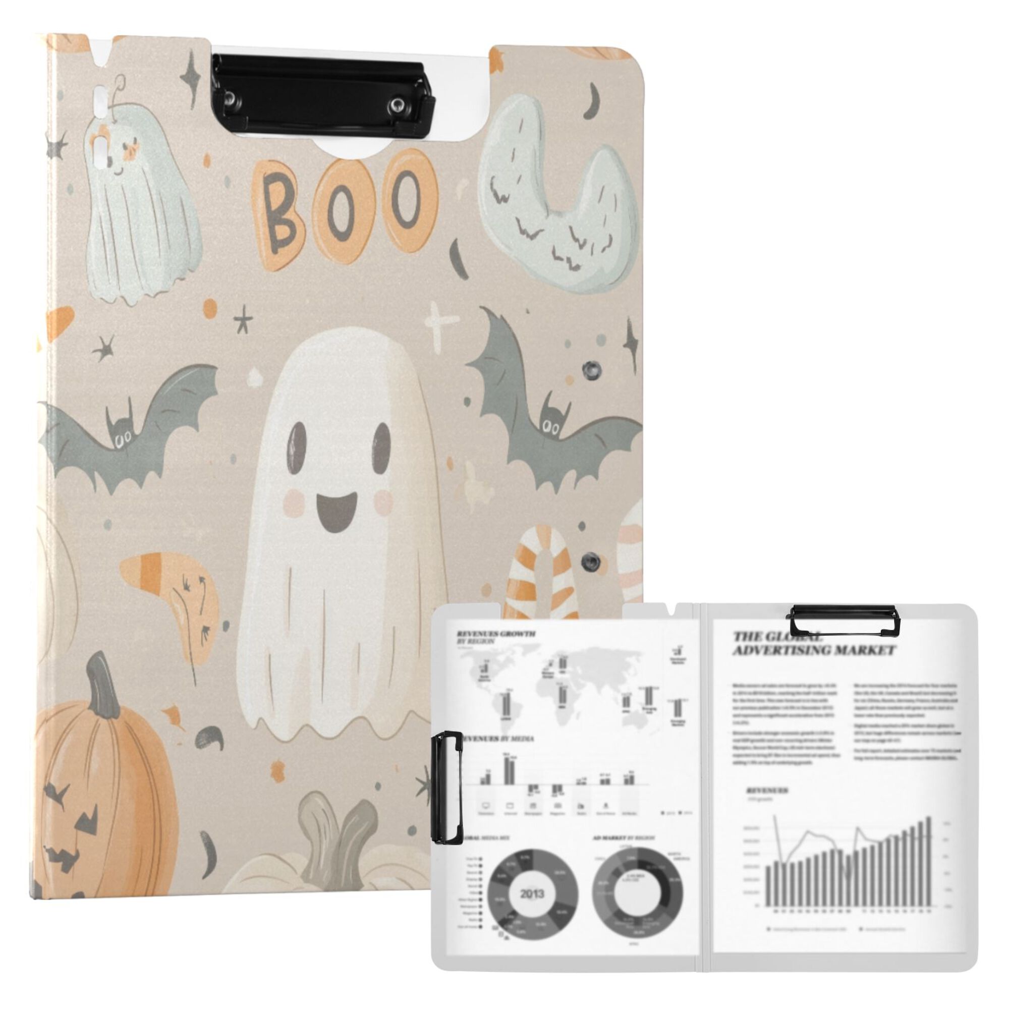 FORMRS A4 Clipboard Folder with Pen Holder Horizontal Foldable School Office Binder, Halloween Ghosts