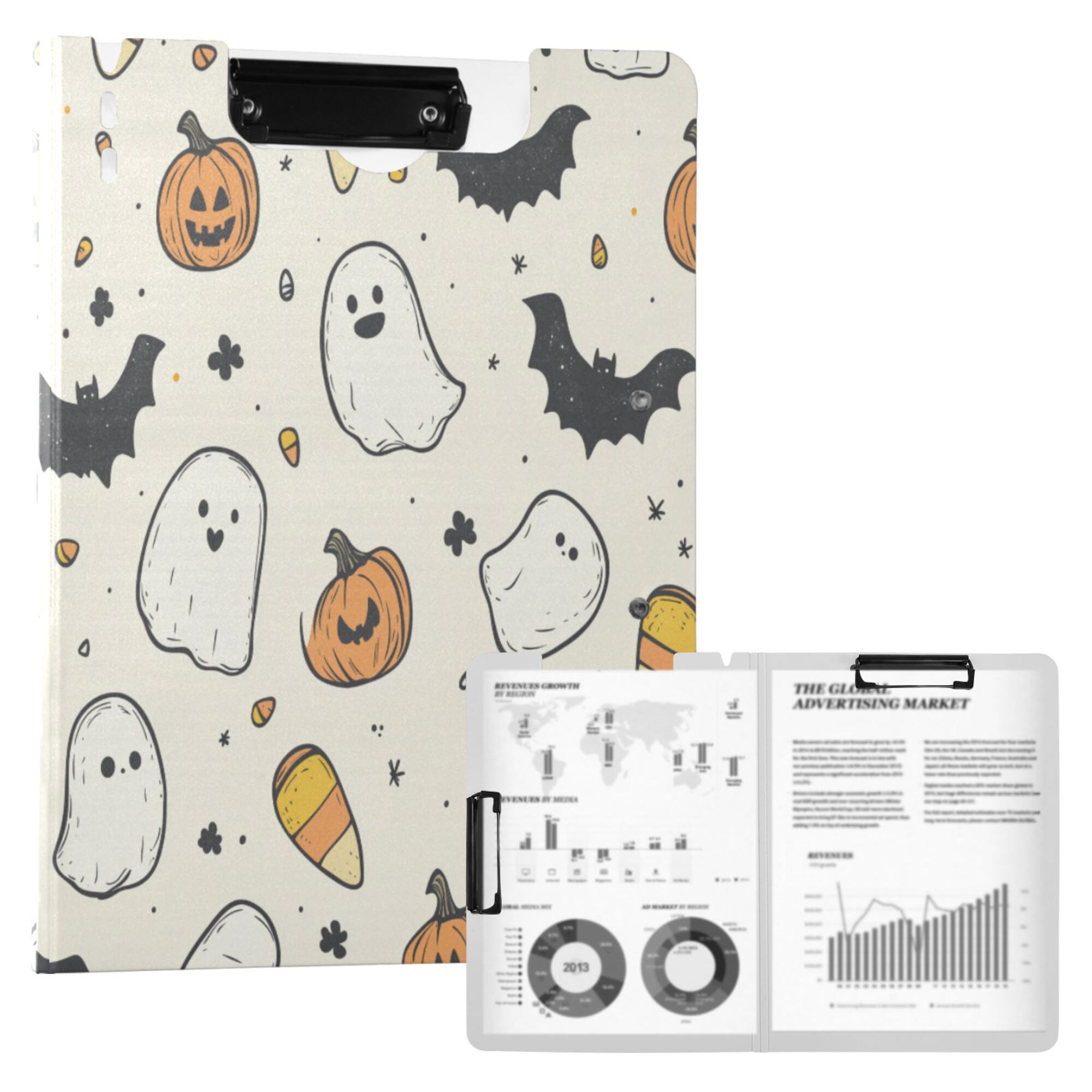FORMRS A4 Clipboard Folder with Pen Holder Horizontal Foldable School Office Binder, Halloween Happy Ghosts