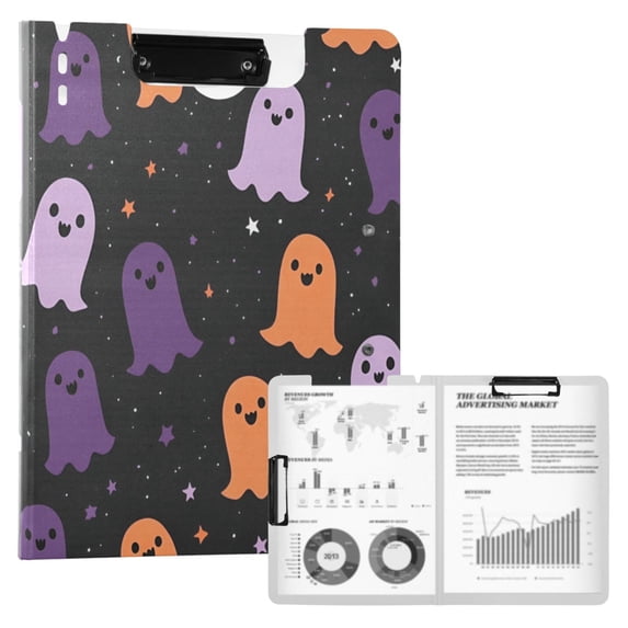 FORMRS A4 Clipboard Folder with Pen Holder Horizontal Foldable School Office Binder, Halloween Orange Ghosts