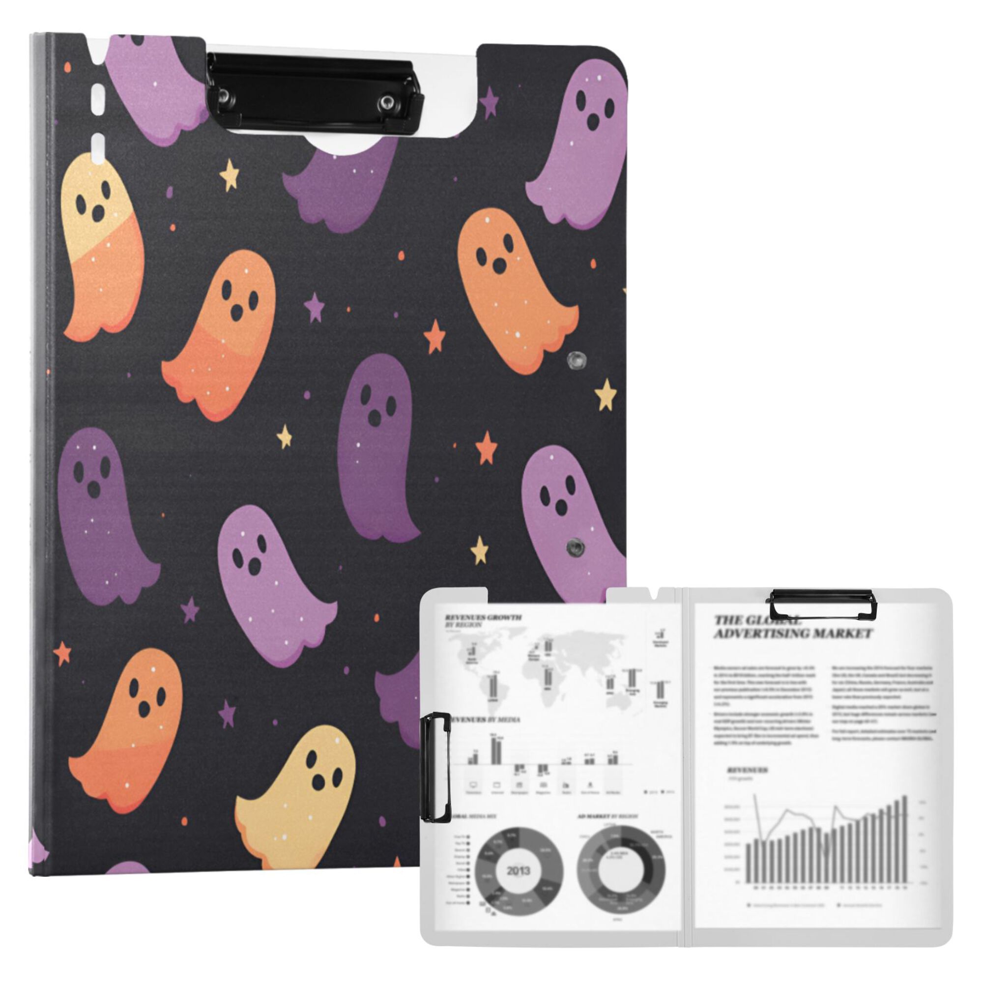 FORMRS A4 Clipboard Folder with Pen Holder Horizontal Foldable School Office Binder, Halloween Purple Ghosts