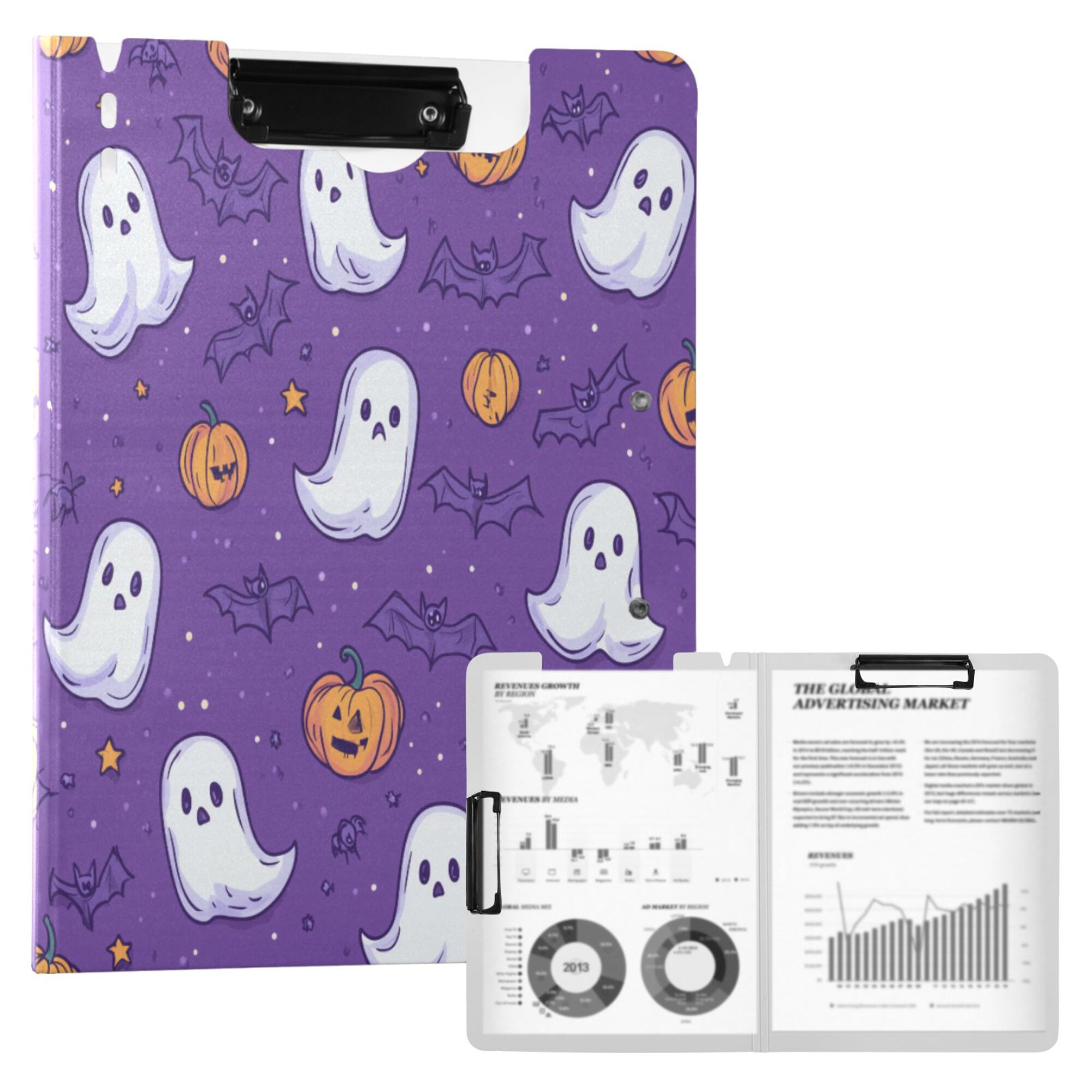 FORMRS A4 Clipboard Folder with Pen Holder Horizontal Foldable School Office Binder, Halloween Purple Ghosts