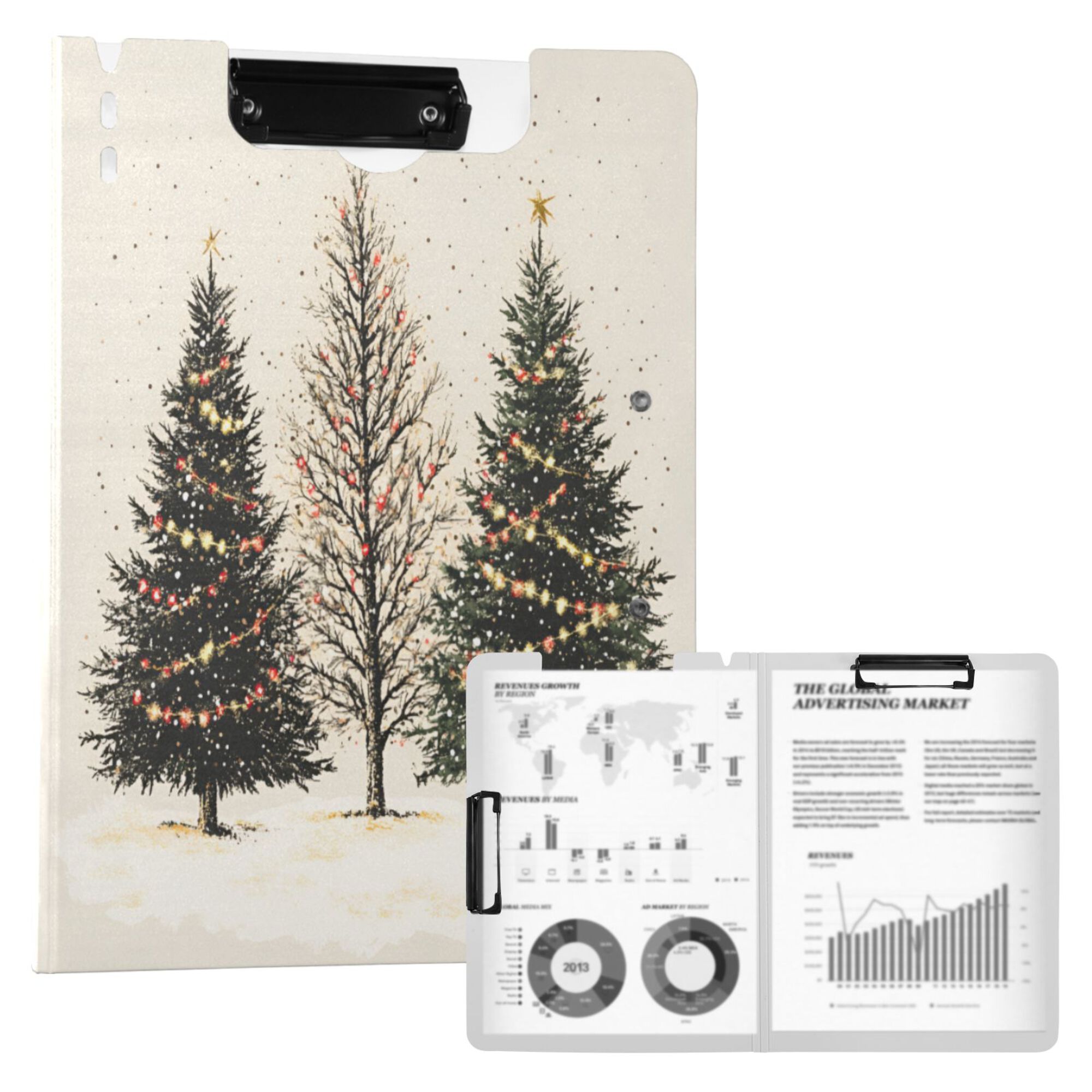 FORMRS A4 Clipboard Folder with Pen Holder Horizontal Foldable School Office Binder, Hand Drawn Christmas Stars