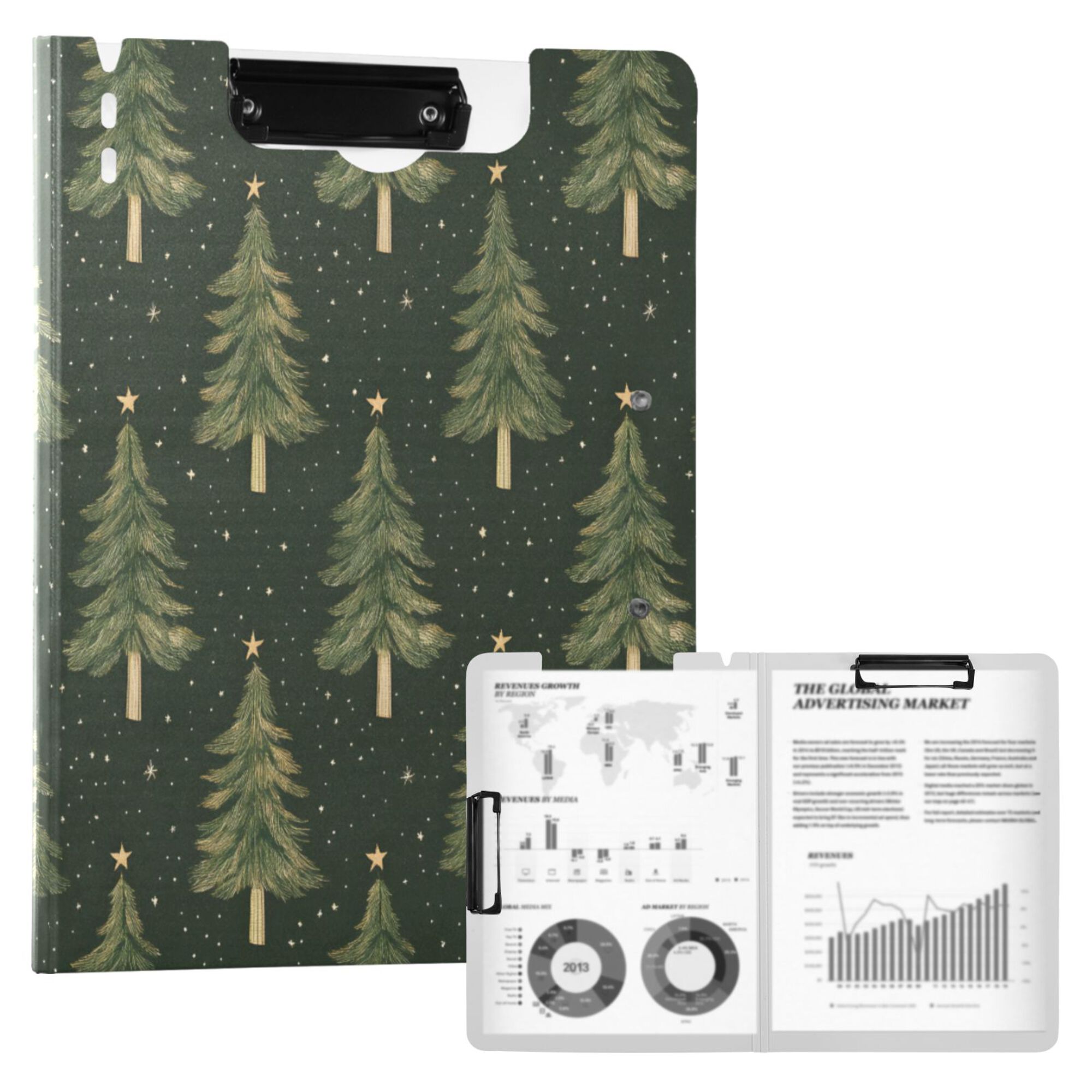 FORMRS A4 Clipboard Folder with Pen Holder Horizontal Foldable School Office Binder, Hand Drawn Christmas Trees