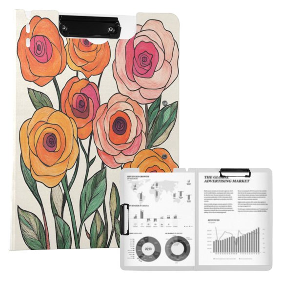 FORMRS A4 Clipboard Folder with Pen Holder Horizontal Foldable School Office Binder, Hand Drawn Floral
