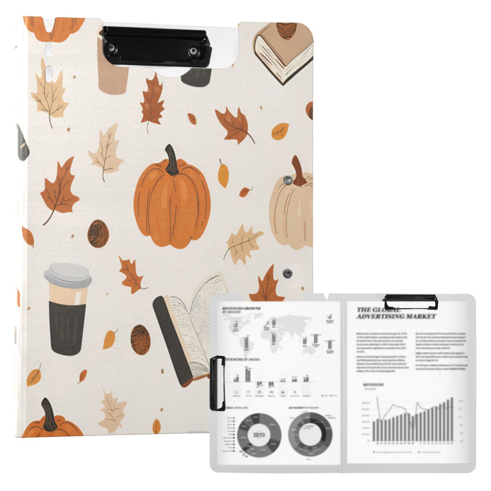 FORMRS A4 Clipboard Folder with Pen Holder Horizontal Foldable School Office Binder, Hand Drawn Pumpkin