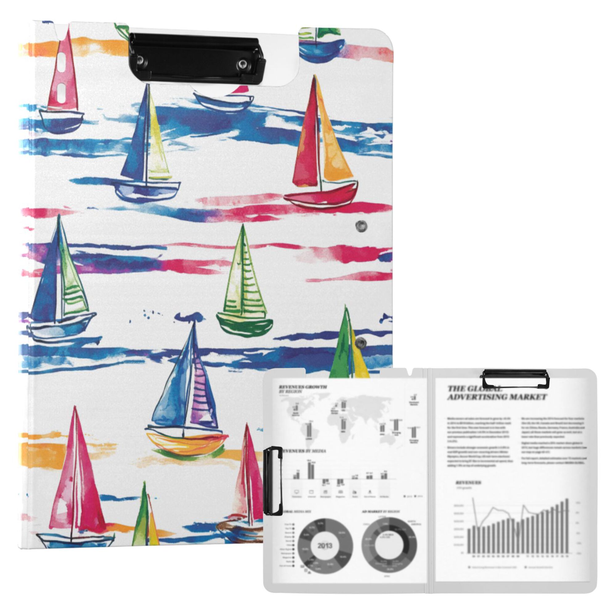 FORMRS A4 Clipboard Folder with Pen Holder Horizontal Foldable School Office Binder, Hand Drawn Sailboats