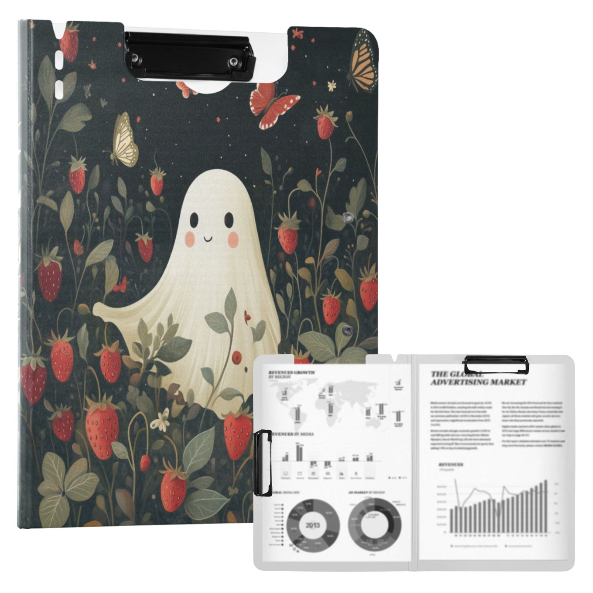 FORMRS A4 Clipboard Folder with Pen Holder Horizontal Foldable School Office Binder, Happy Ghost