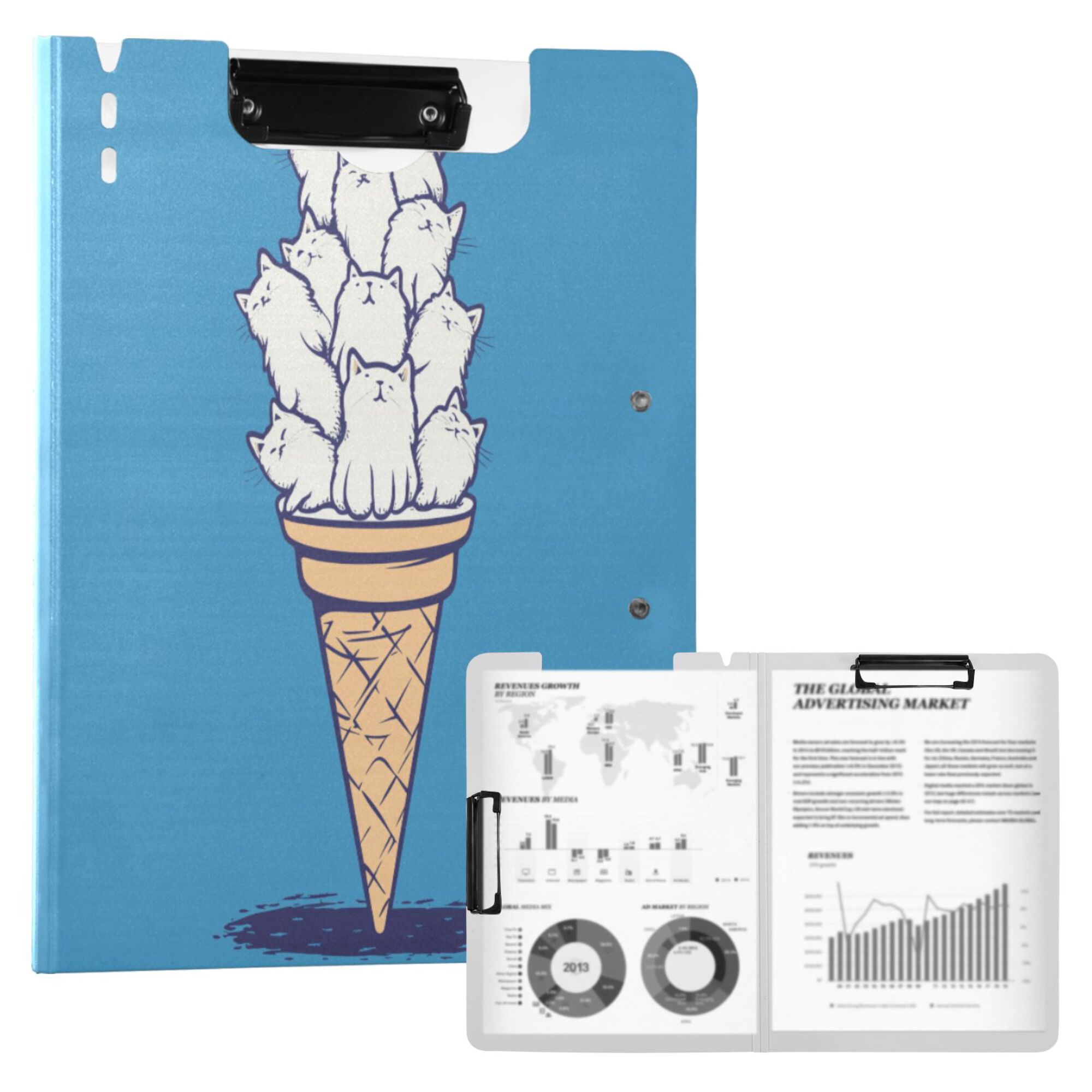 FORMRS A4 Clipboard Folder with Pen Holder Horizontal Foldable School Office Binder, Ice Cream Cat