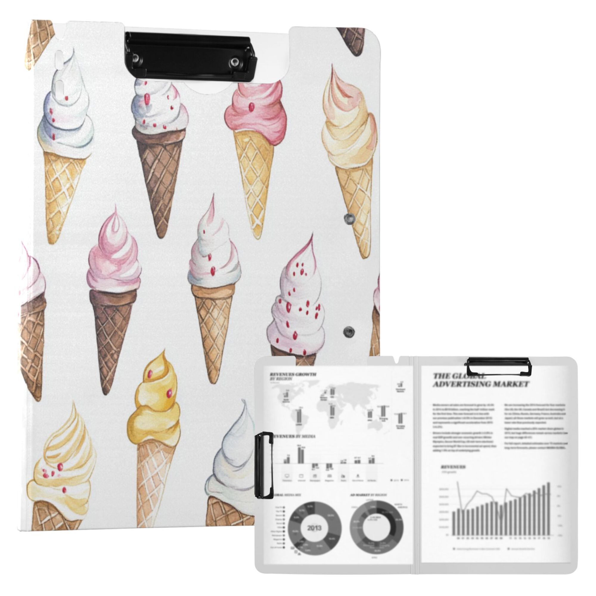 FORMRS A4 Clipboard Folder with Pen Holder Horizontal Foldable School Office Binder, Ice Cream Pattern