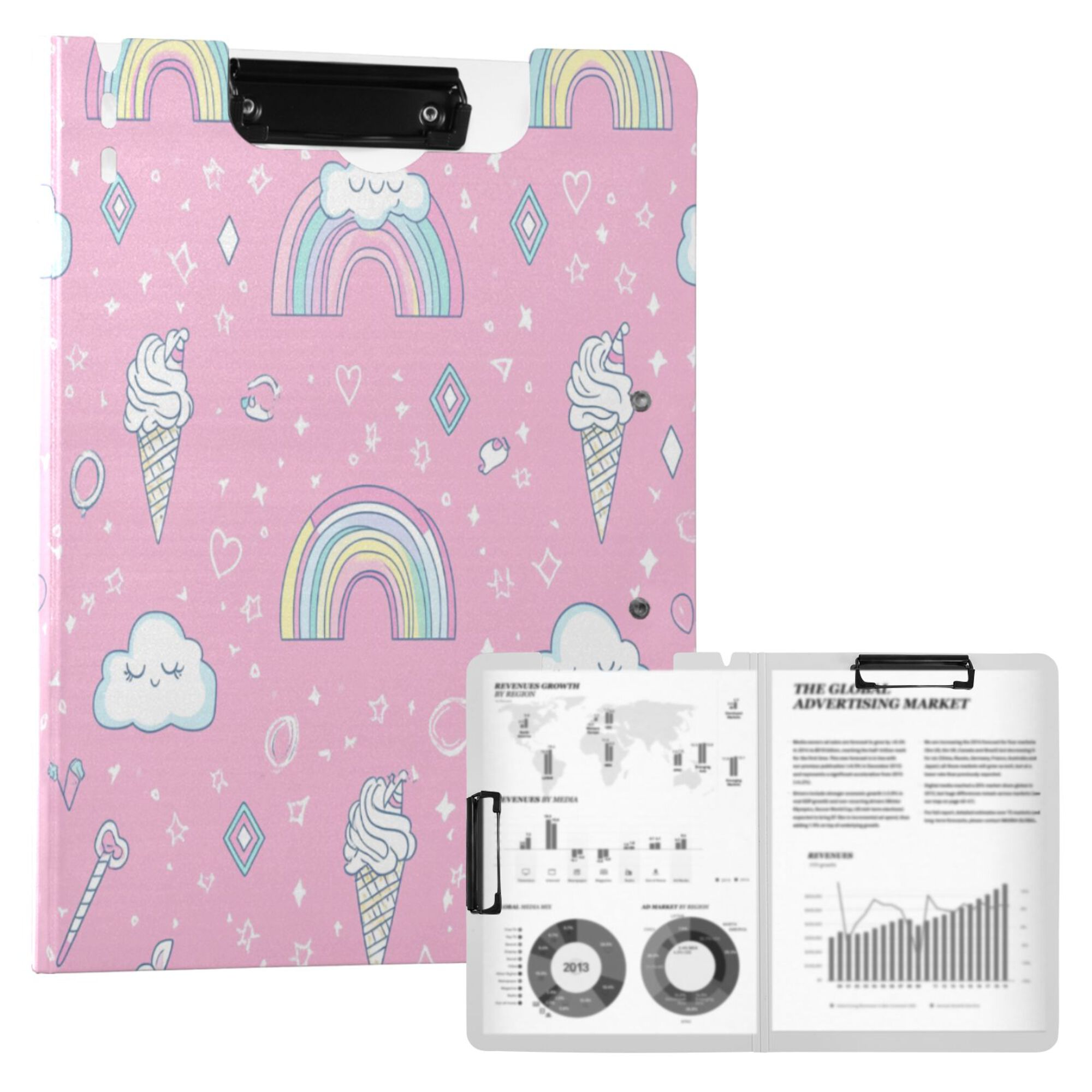 FORMRS A4 Clipboard Folder with Pen Holder Horizontal Foldable School Office Binder, Ice Cream Rainbow Pattern