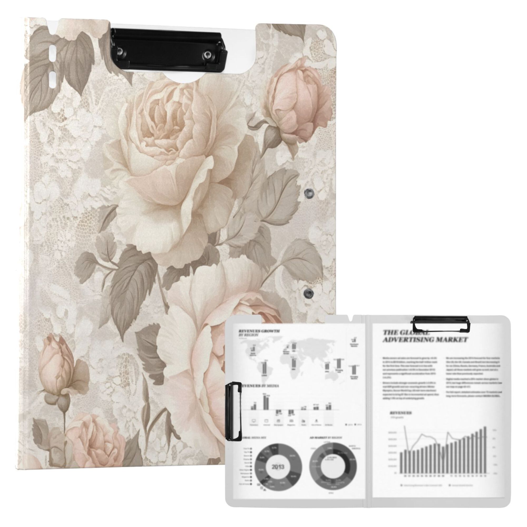 FORMRS A4 Clipboard Folder with Pen Holder Horizontal Foldable School Office Binder, Lace and Floral