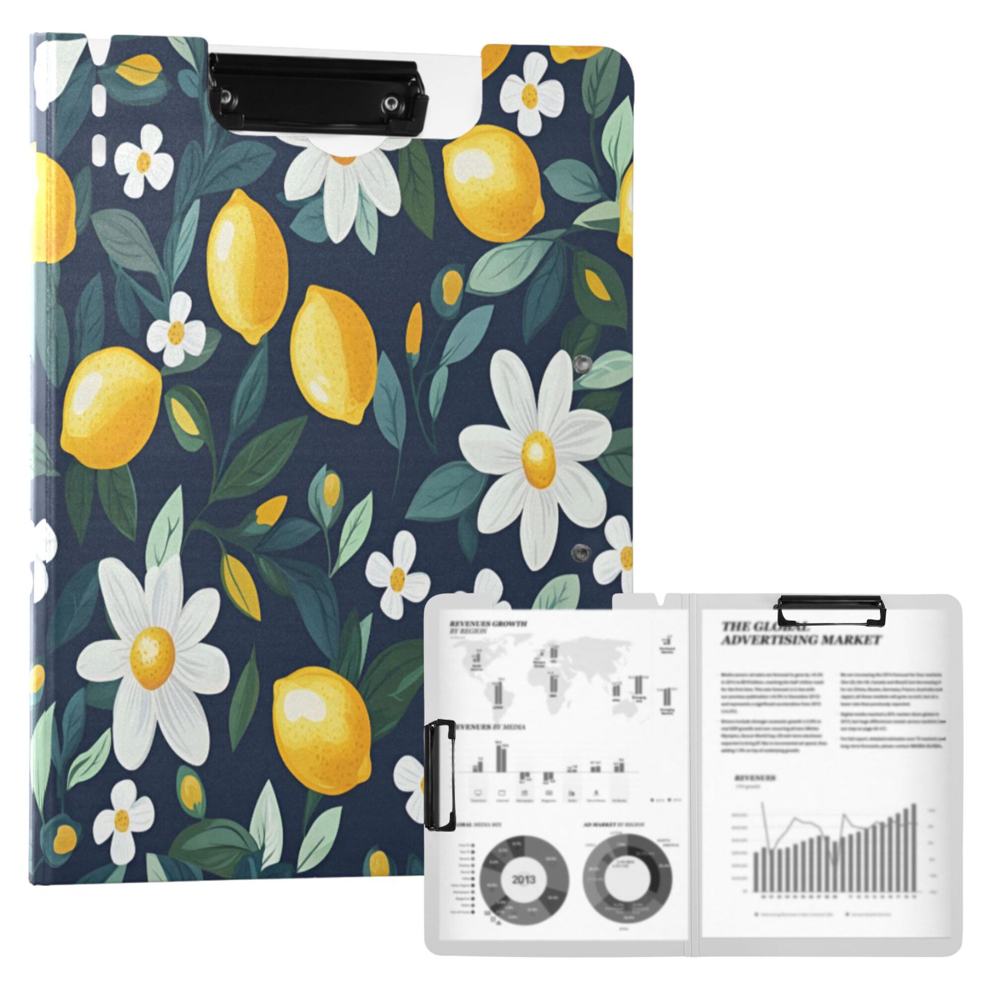 FORMRS A4 Clipboard Folder with Pen Holder Horizontal Foldable School Office Binder, Lemon Flowers