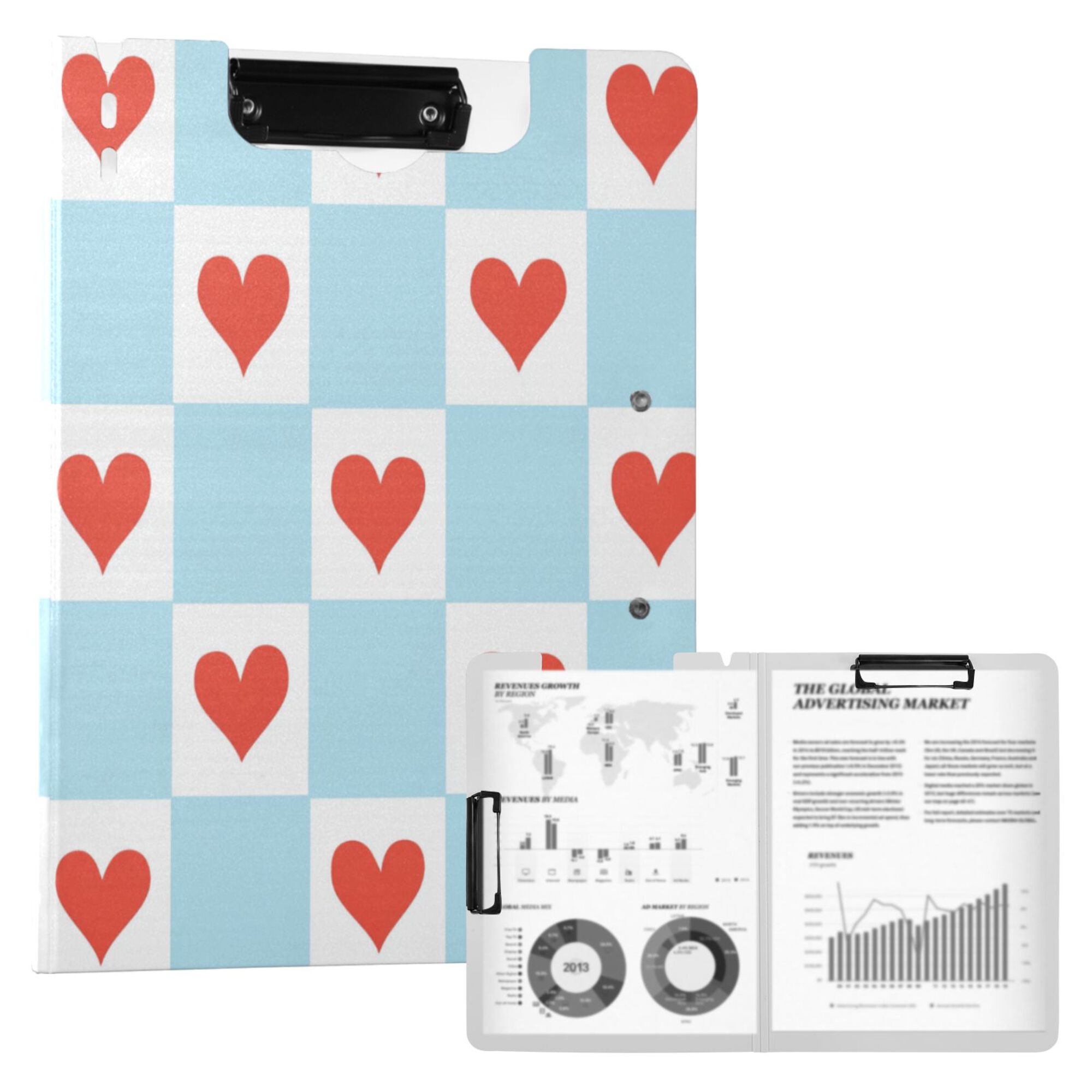 FORMRS A4 Clipboard Folder with Pen Holder Horizontal Foldable School Office Binder, Light Blue Checkered Heart