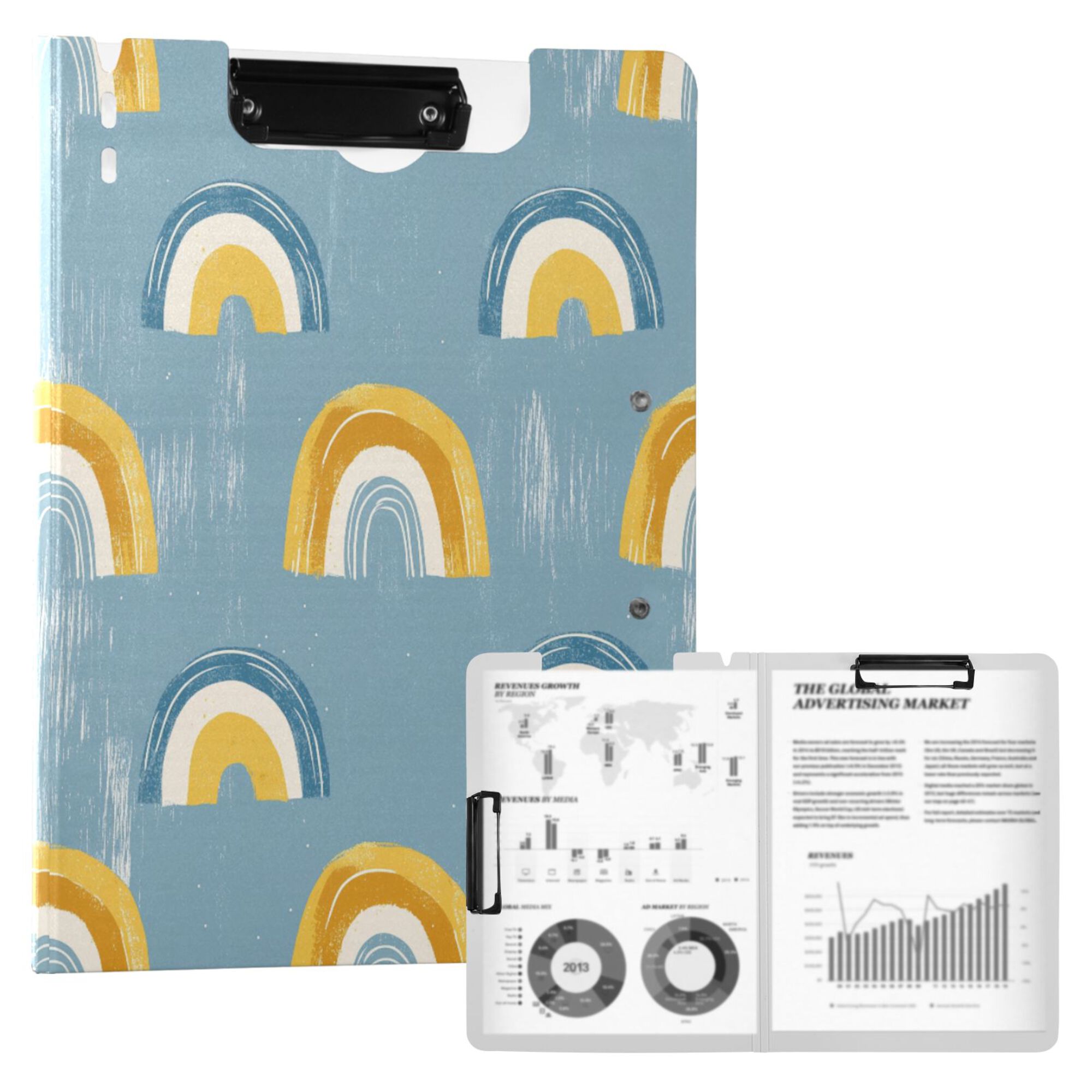 FORMRS A4 Clipboard Folder with Pen Holder Horizontal Foldable School Office Binder, Light Blue Rainbow