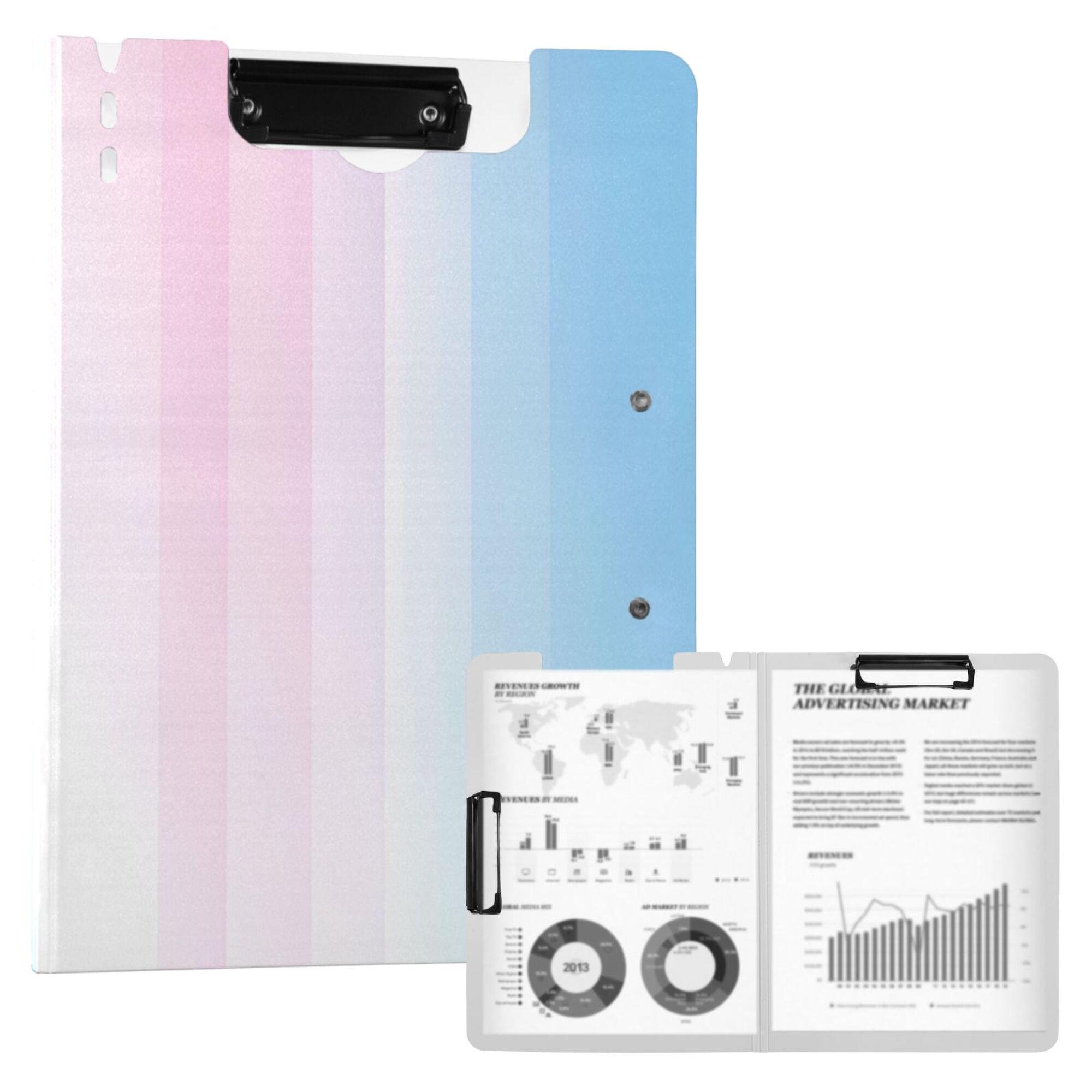 FORMRS A4 Clipboard Folder with Pen Holder Horizontal Foldable School Office Binder, Light Blue Stripes