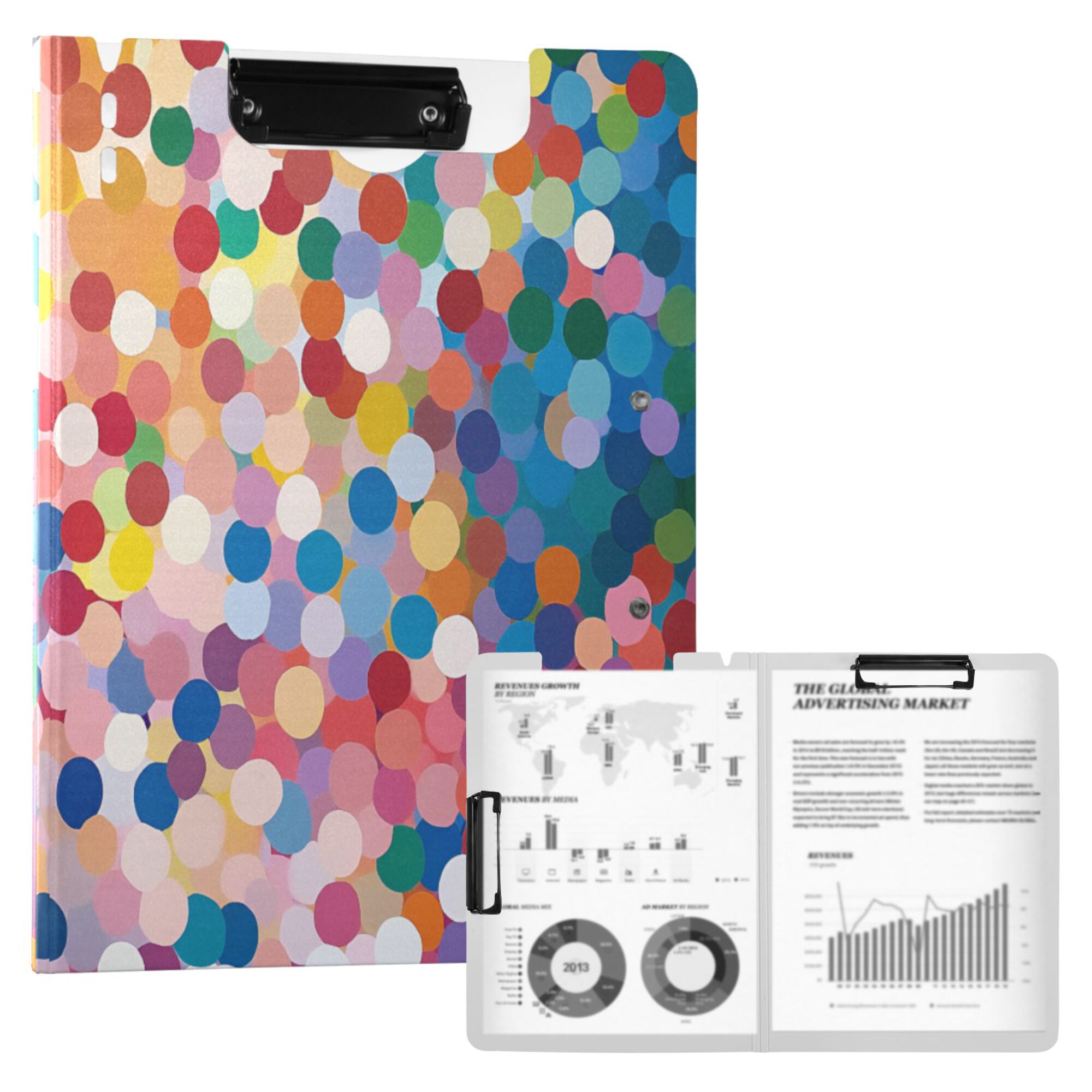 FORMRS A4 Clipboard Folder with Pen Holder Horizontal Foldable School Office Binder, Light Colorful Circles