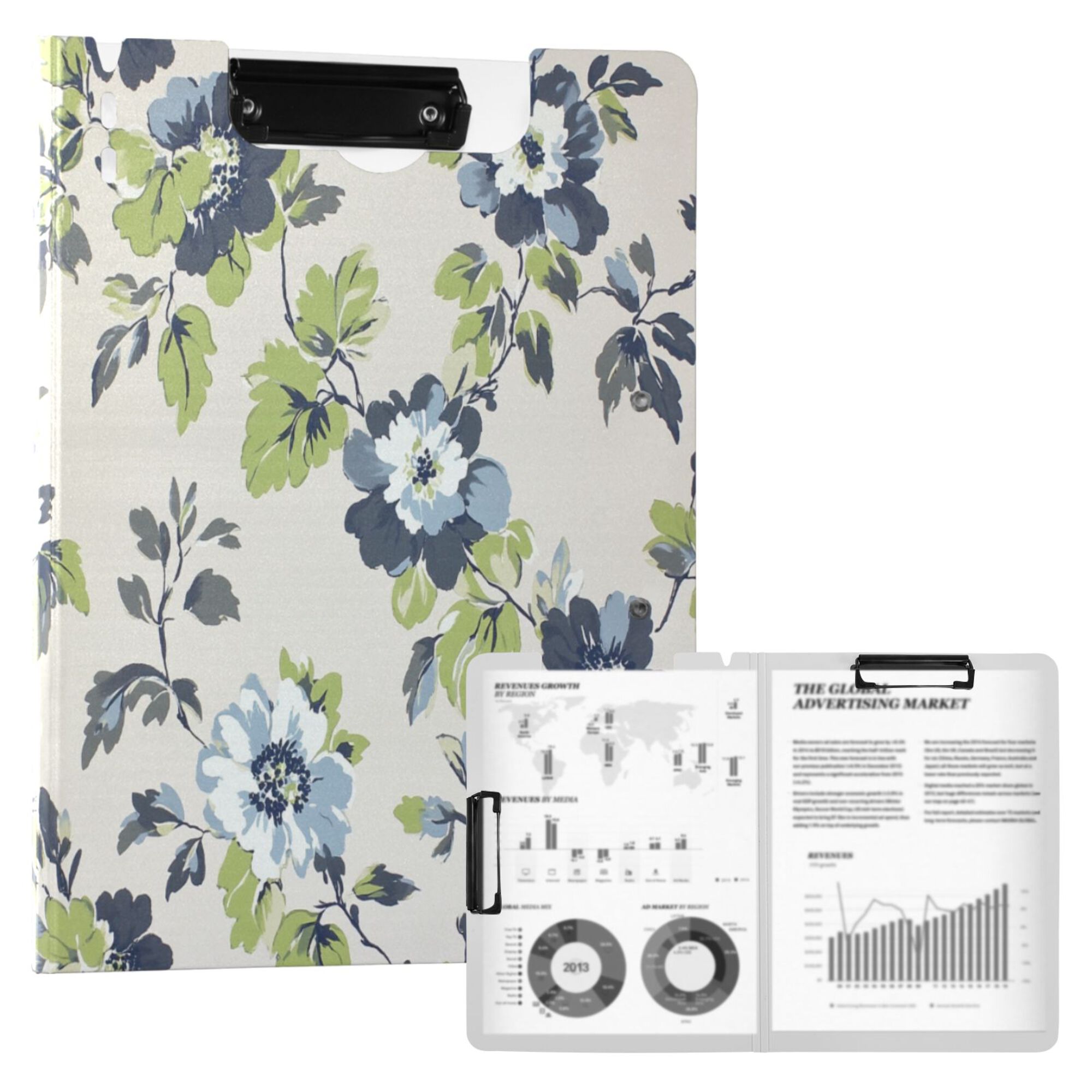 FORMRS A4 Clipboard Folder with Pen Holder Horizontal Foldable School Office Binder, Light Floral Pattern