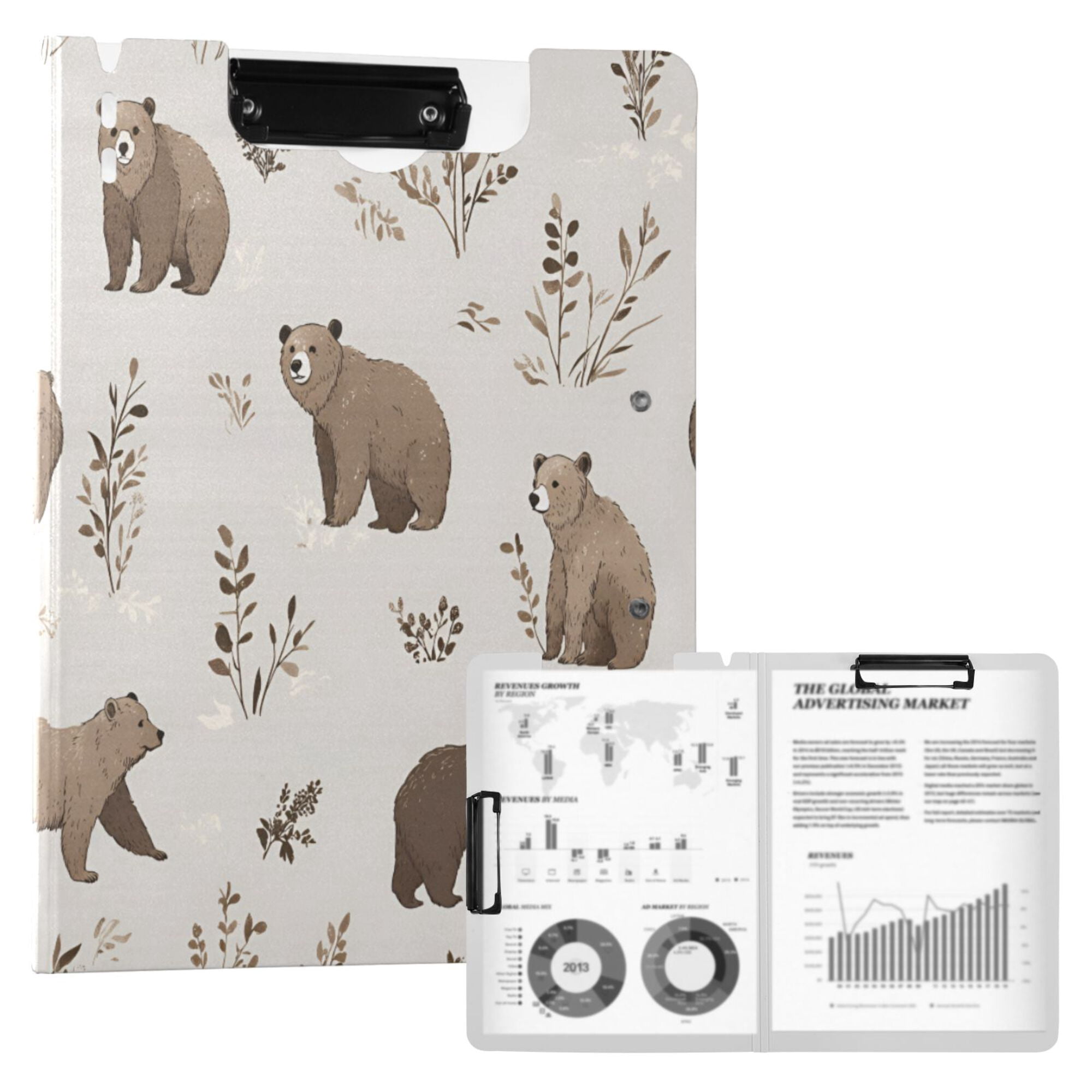 FORMRS A4 Clipboard Folder with Pen Holder Horizontal Foldable School Office Binder, Light Gray Bears