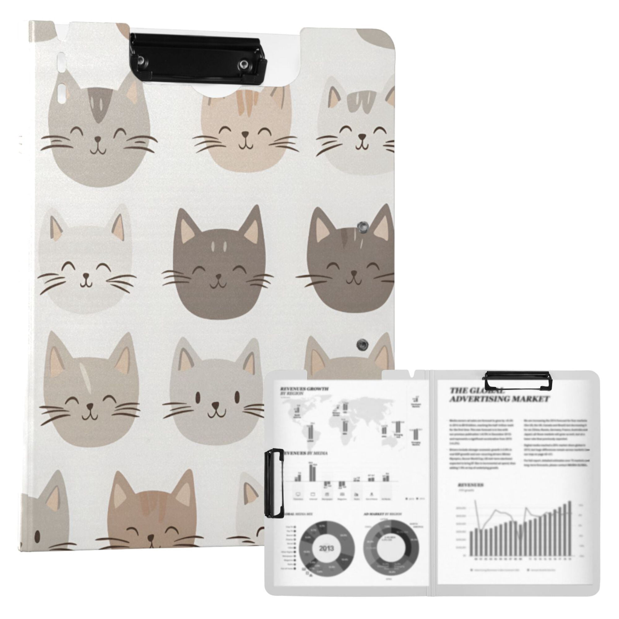 FORMRS A4 Clipboard Folder with Pen Holder Horizontal Foldable School Office Binder, Light Gray Cat Pattern