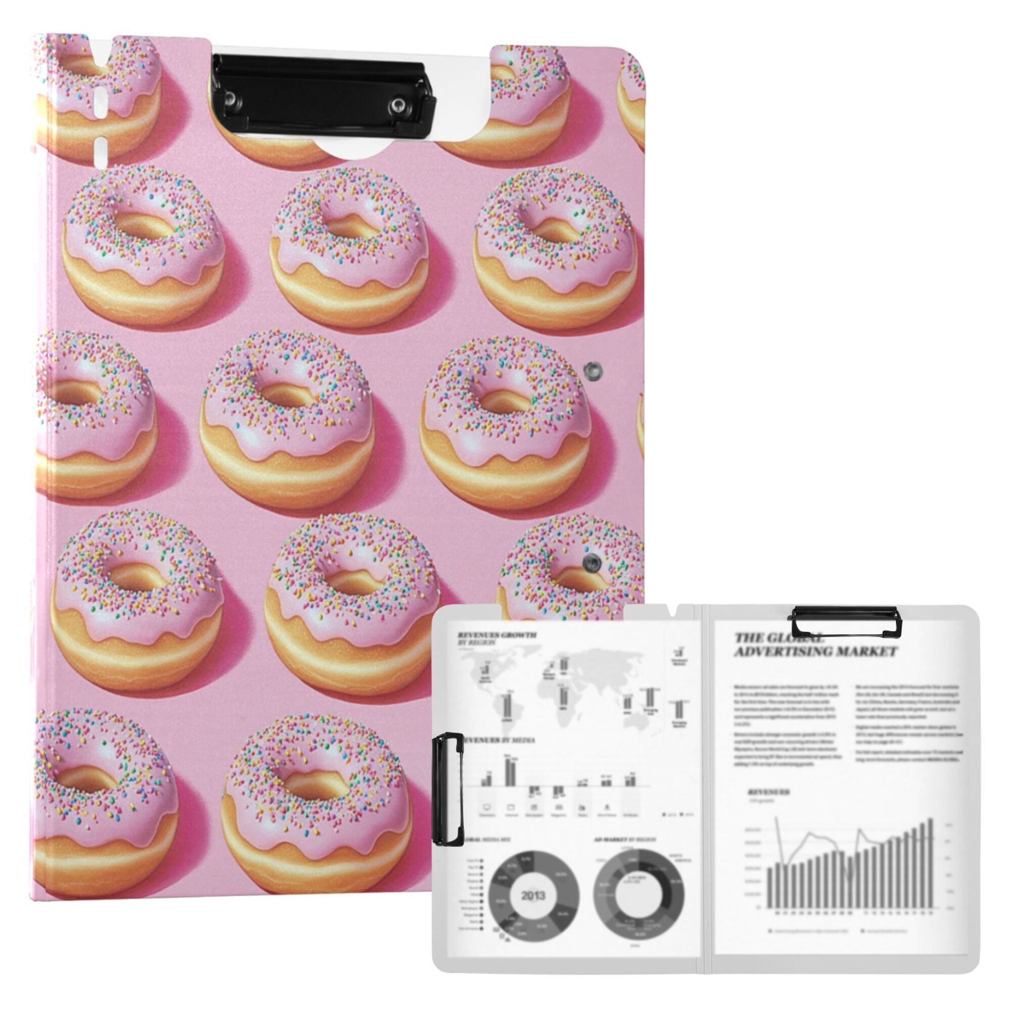 FORMRS A4 Clipboard Folder with Pen Holder Horizontal Foldable School Office Binder, Light Pink Doughnuts