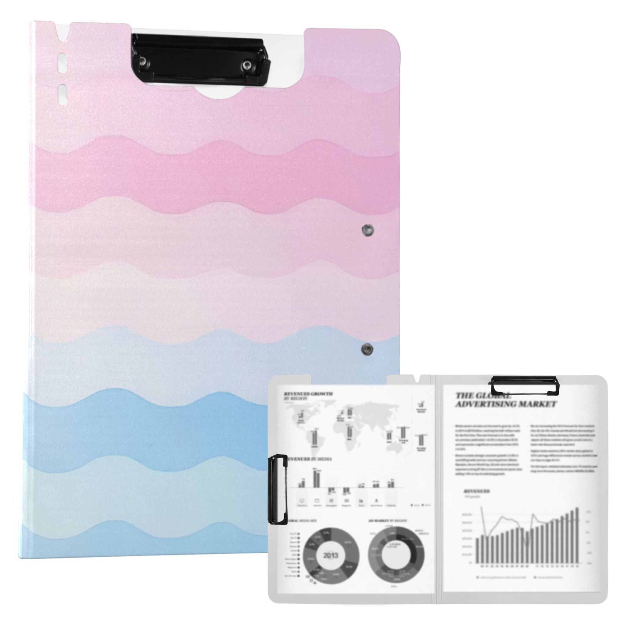 FORMRS A4 Clipboard Folder with Pen Holder Horizontal Foldable School Office Binder, Light Pink Stripes