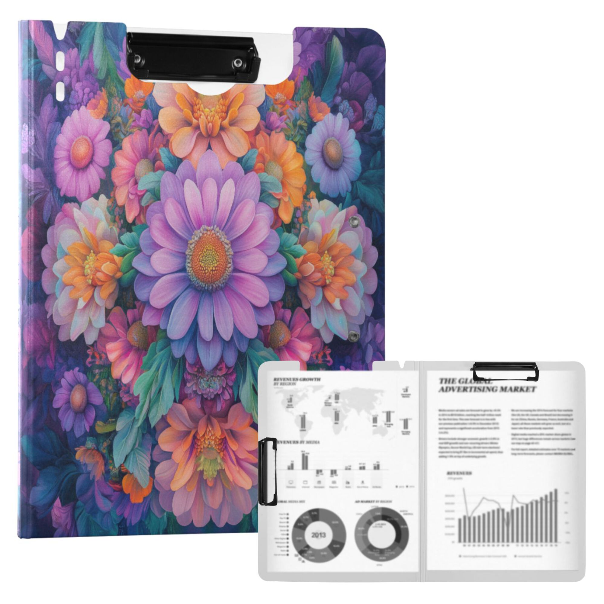 FORMRS A4 Clipboard Folder with Pen Holder Horizontal Foldable School Office Binder, Light Purple Flowers
