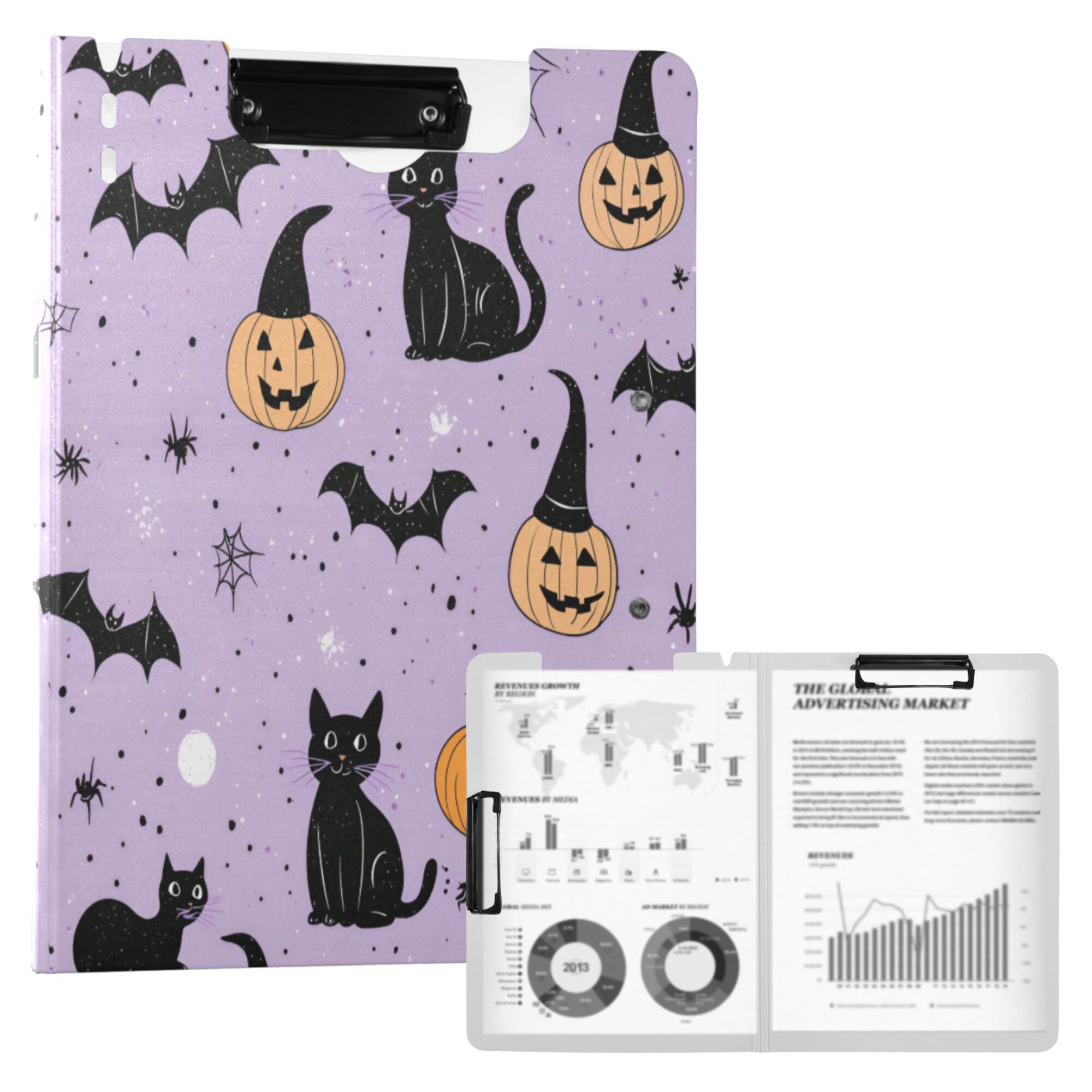 FORMRS A4 Clipboard Folder with Pen Holder Horizontal Foldable School Office Binder, Light Purple Halloween Black Cat