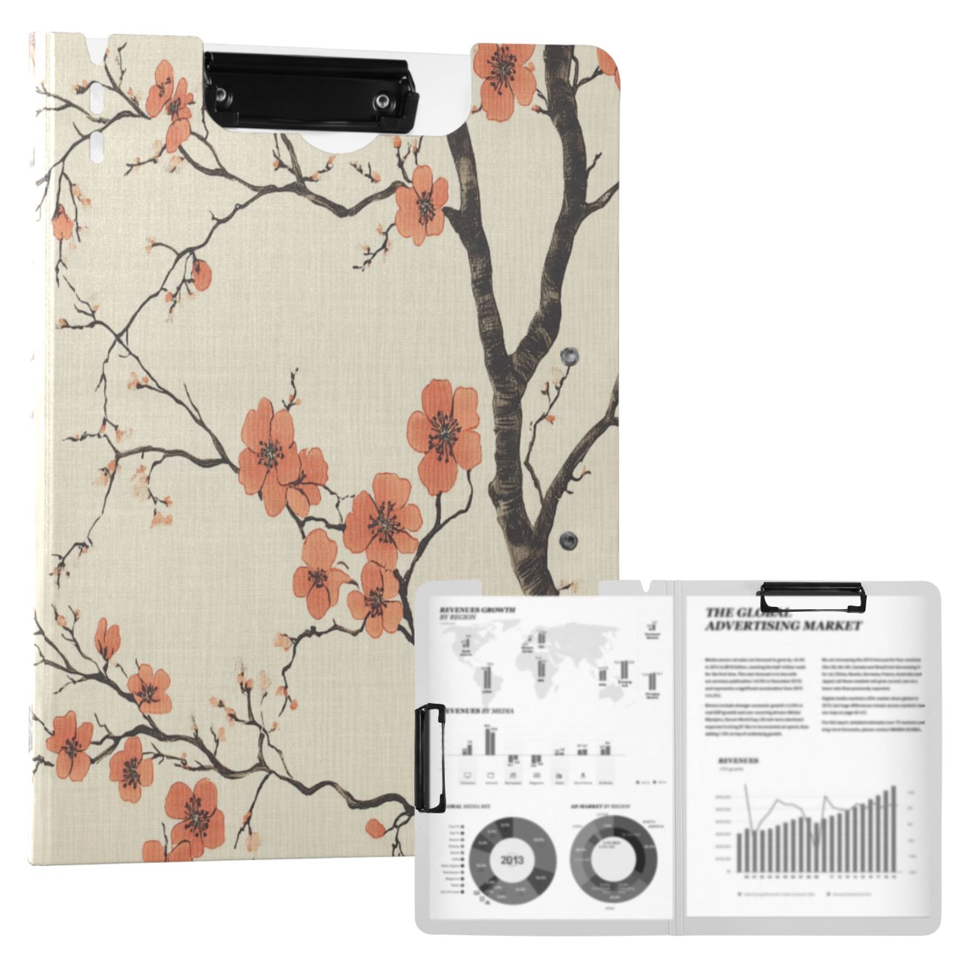 FORMRS A4 Clipboard Folder with Pen Holder Horizontal Foldable School Office Binder, Light Red Flowers