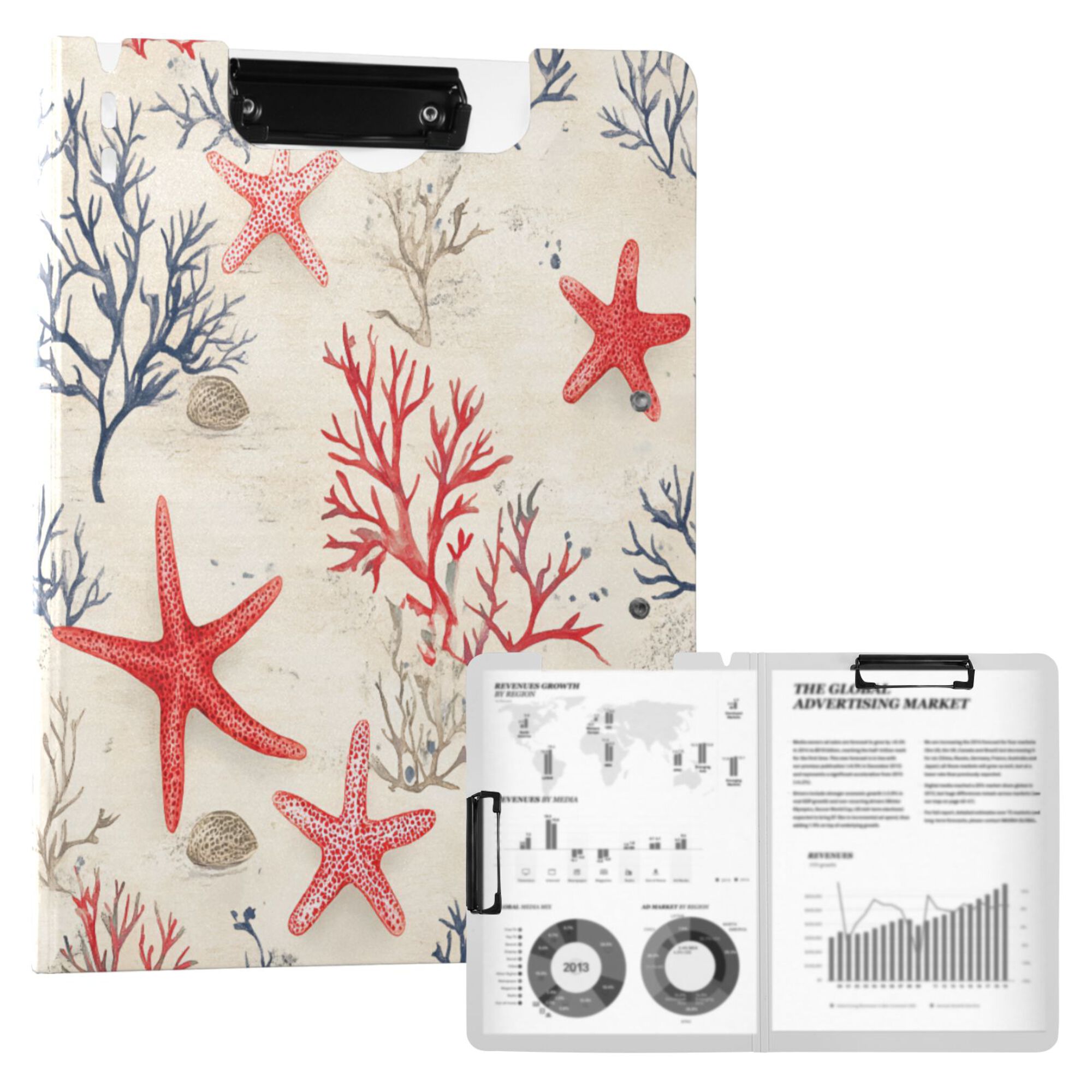 FORMRS A4 Clipboard Folder with Pen Holder Horizontal Foldable School Office Binder, Light Red Starfish