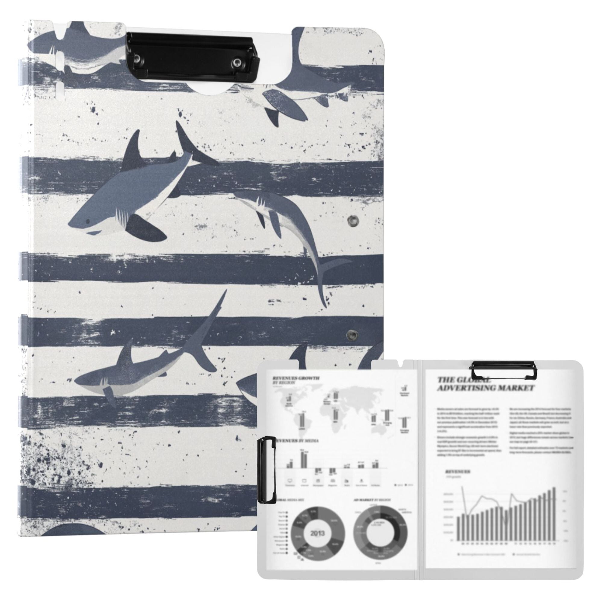 FORMRS A4 Clipboard Folder with Pen Holder Horizontal Foldable School Office Binder, Light Sharks