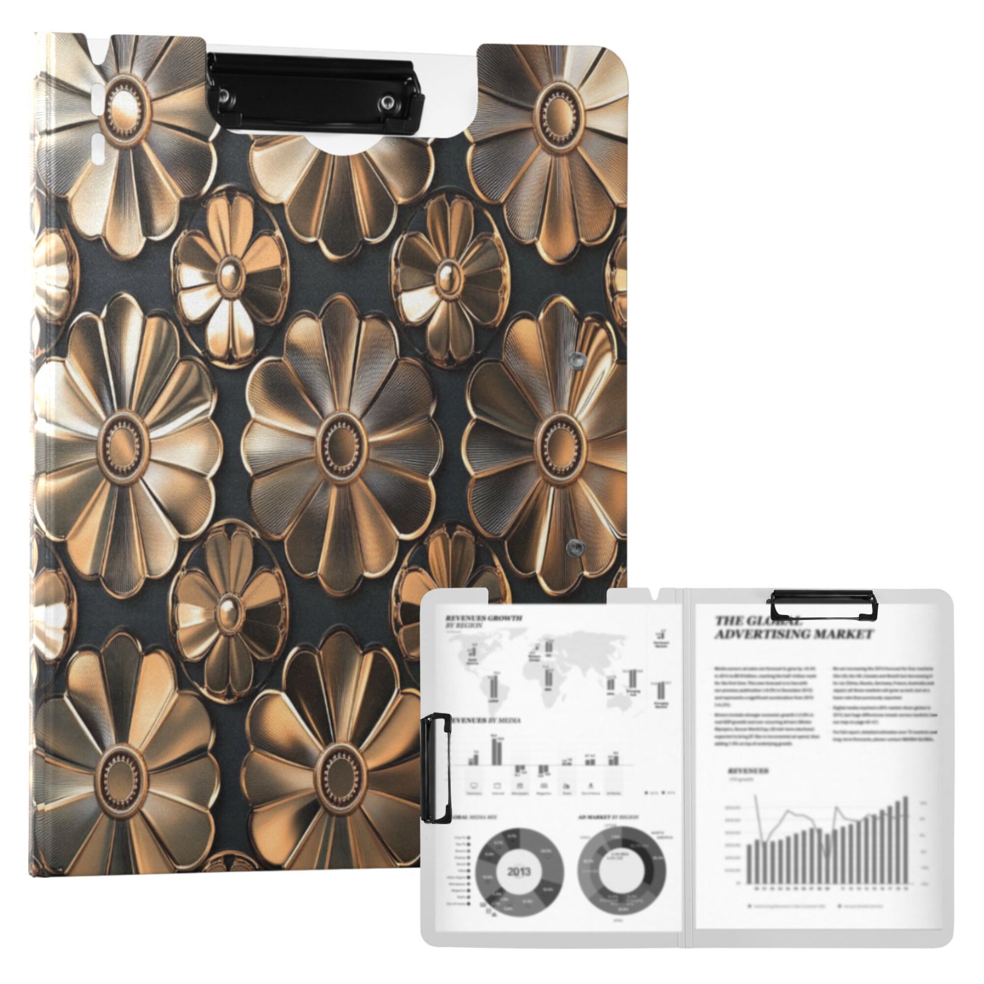 FORMRS A4 Clipboard Folder with Pen Holder Horizontal Foldable School Office Binder, Metallic Flower
