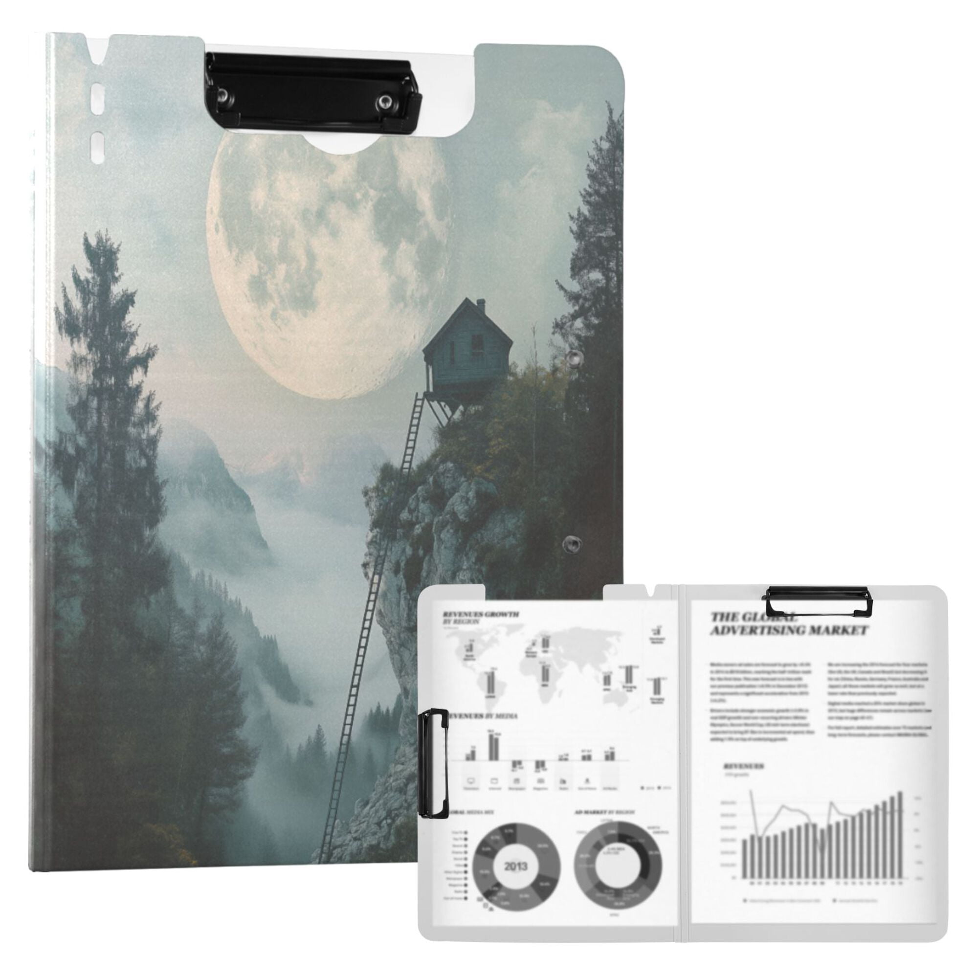 FORMRS A4 Clipboard Folder with Pen Holder Horizontal Foldable School Office Binder, Moon and House