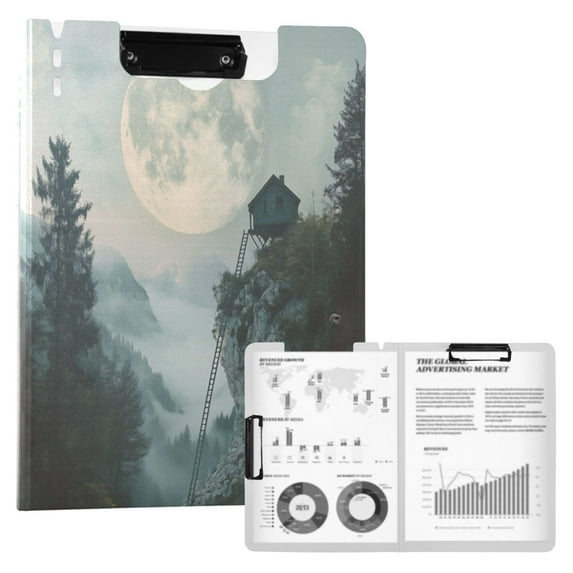 FORMRS A4 Clipboard Folder with Pen Holder Horizontal Foldable School Office Binder, Moon and House