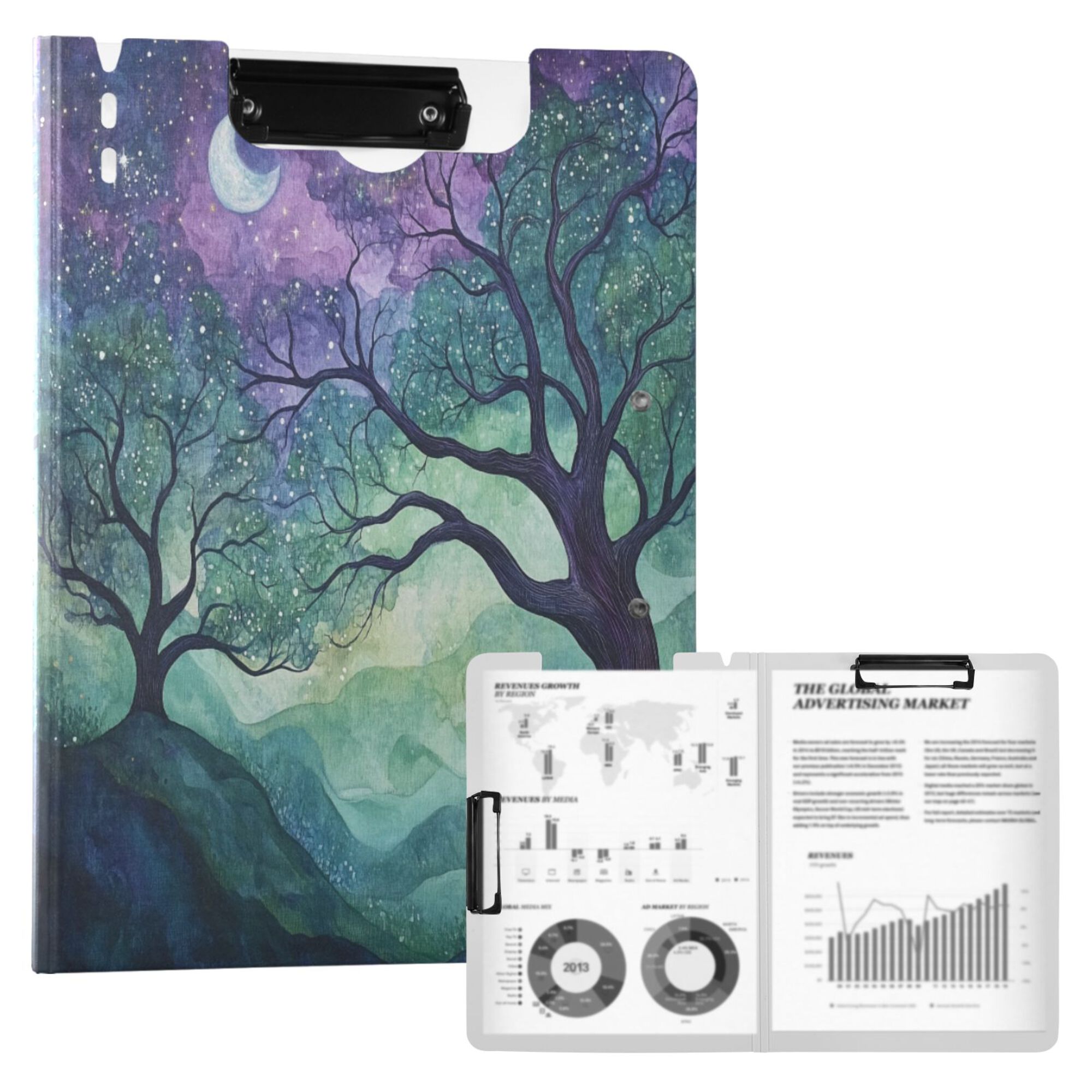 FORMRS A4 Clipboard Folder with Pen Holder Horizontal Foldable School Office Binder, Moonlight Forest