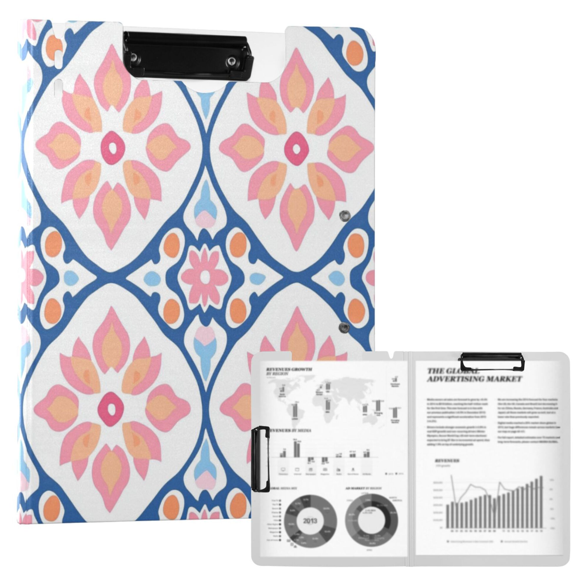 FORMRS A4 Clipboard Folder with Pen Holder Horizontal Foldable School Office Binder, Mosaic Flowers Pattern
