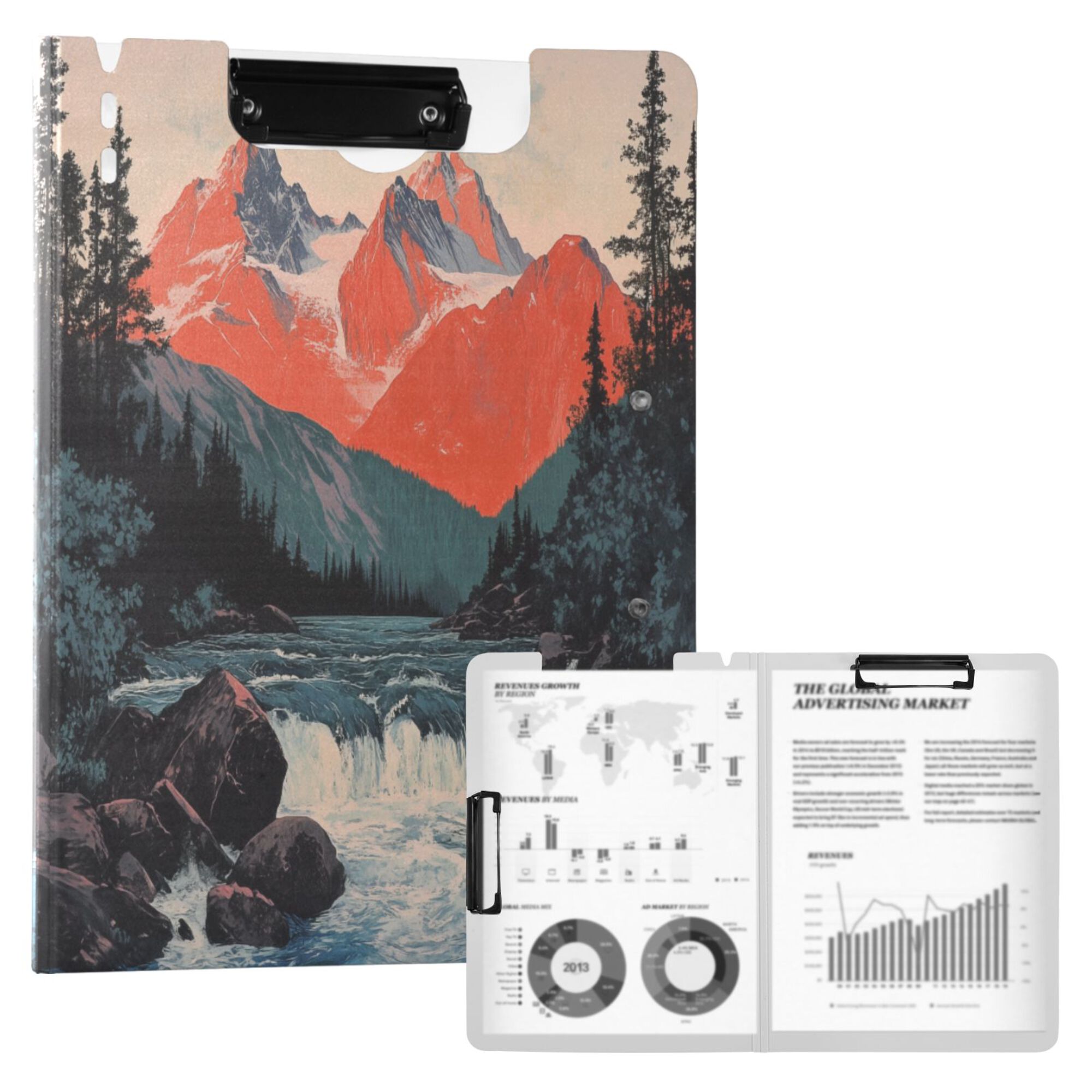 FORMRS A4 Clipboard Folder with Pen Holder Horizontal Foldable School Office Binder, Mountains at Dawn