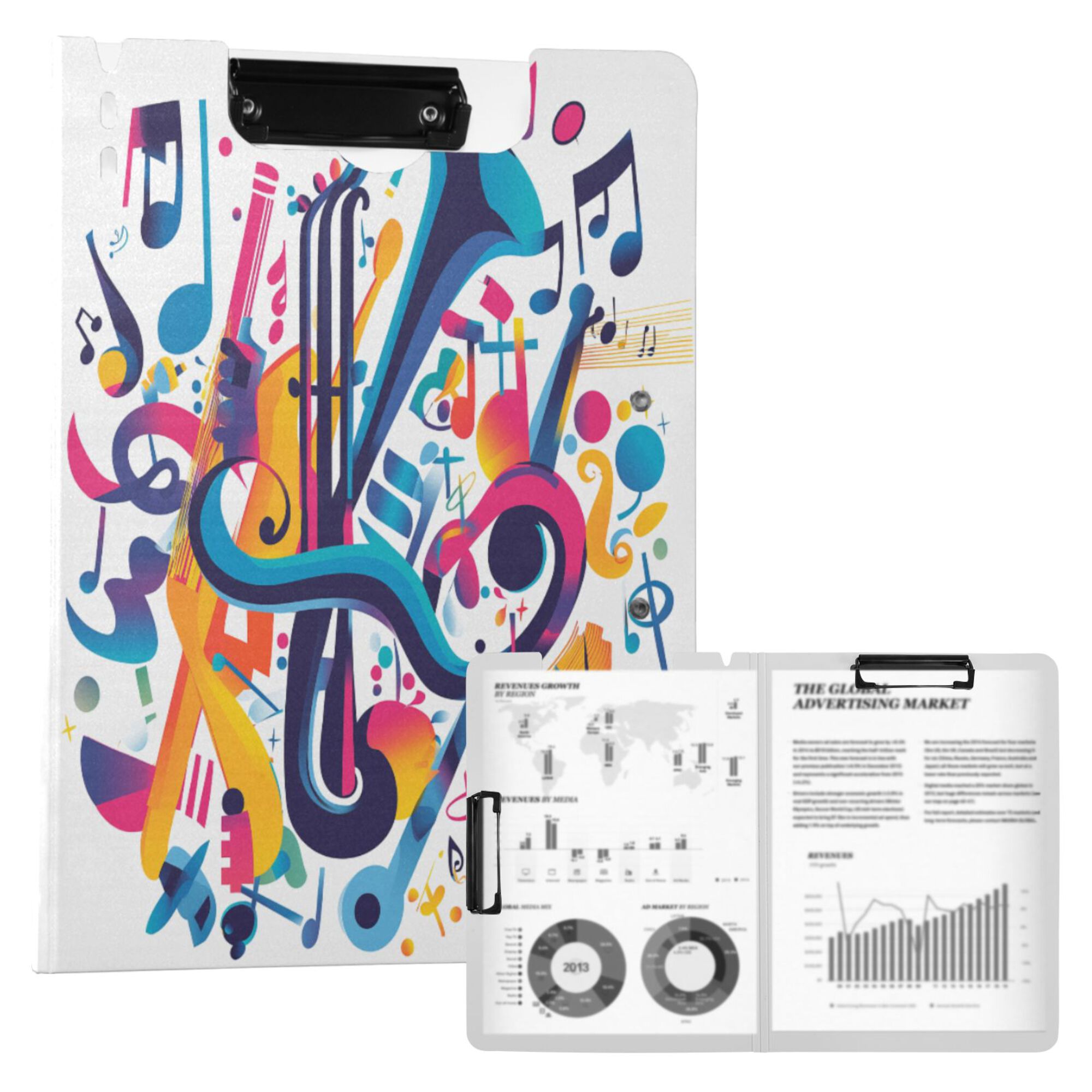 FORMRS A4 Clipboard Folder with Pen Holder Horizontal Foldable School Office Binder, Musical Pattern