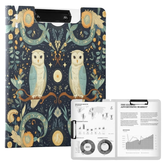 FORMRS A4 Clipboard Folder with Pen Holder Horizontal Foldable School Office Binder, Mystical Owls Pattern