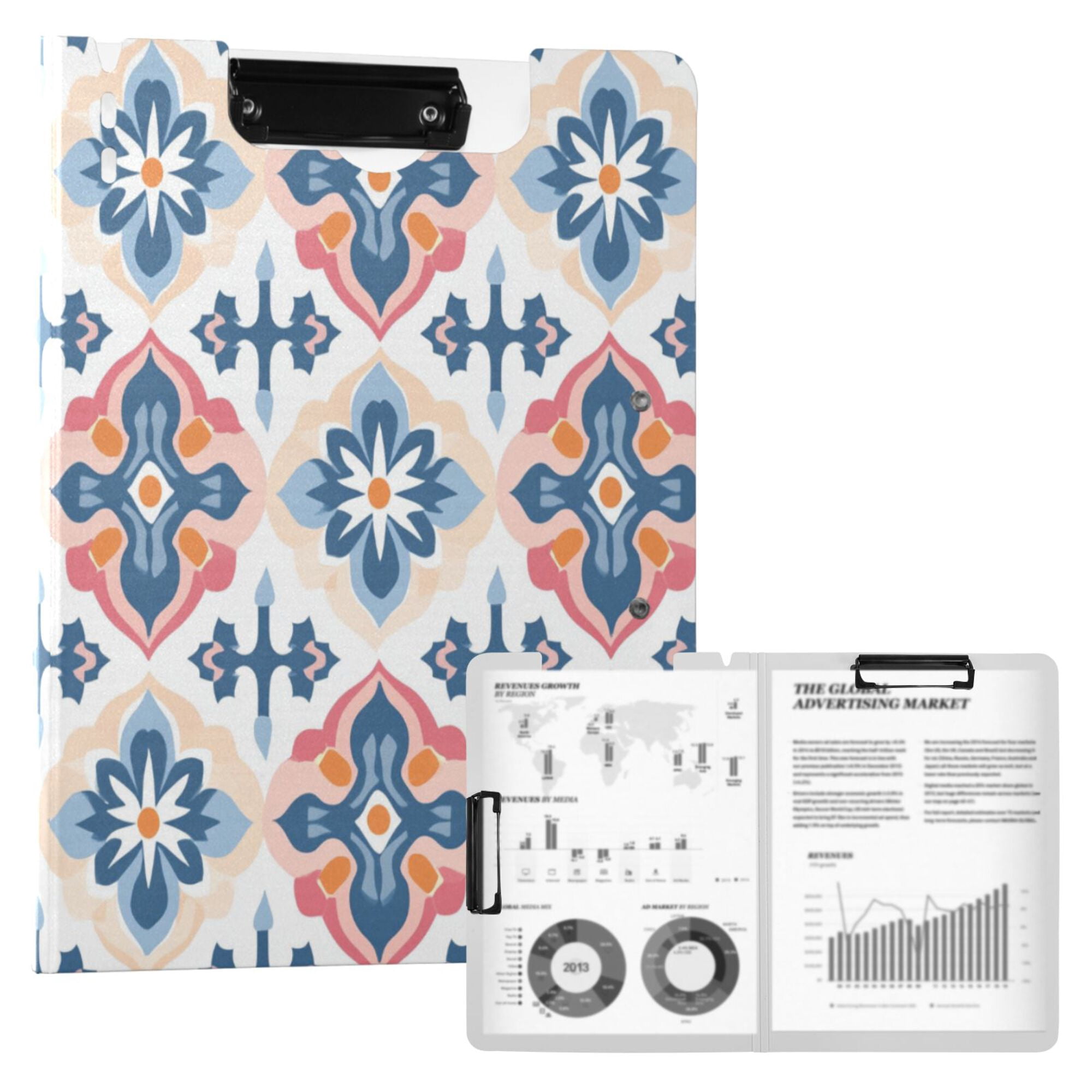 FORMRS A4 Clipboard Folder with Pen Holder Horizontal Foldable School Office Binder, Navy Blossom Mosaic