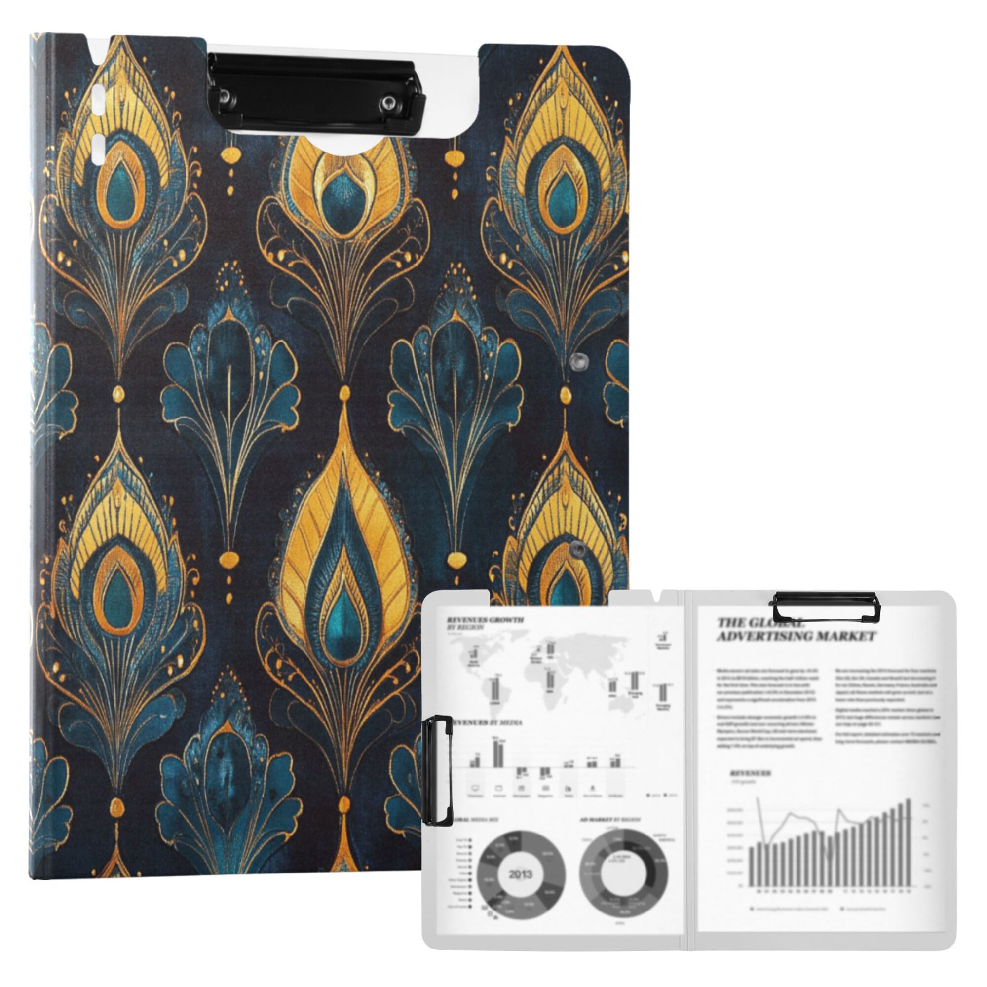FORMRS A4 Clipboard Folder with Pen Holder Horizontal Foldable School Office Binder, Navy Blue Art Pattern