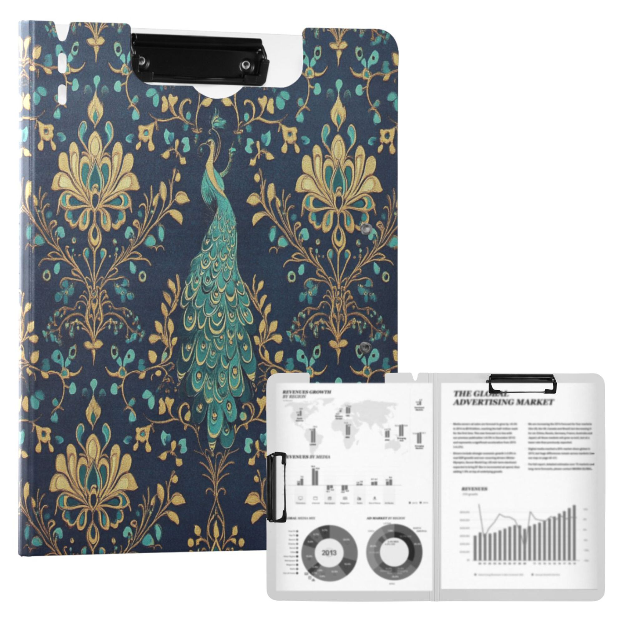 FORMRS A4 Clipboard Folder with Pen Holder Horizontal Foldable School Office Binder, Navy Blue Peacock Pattern