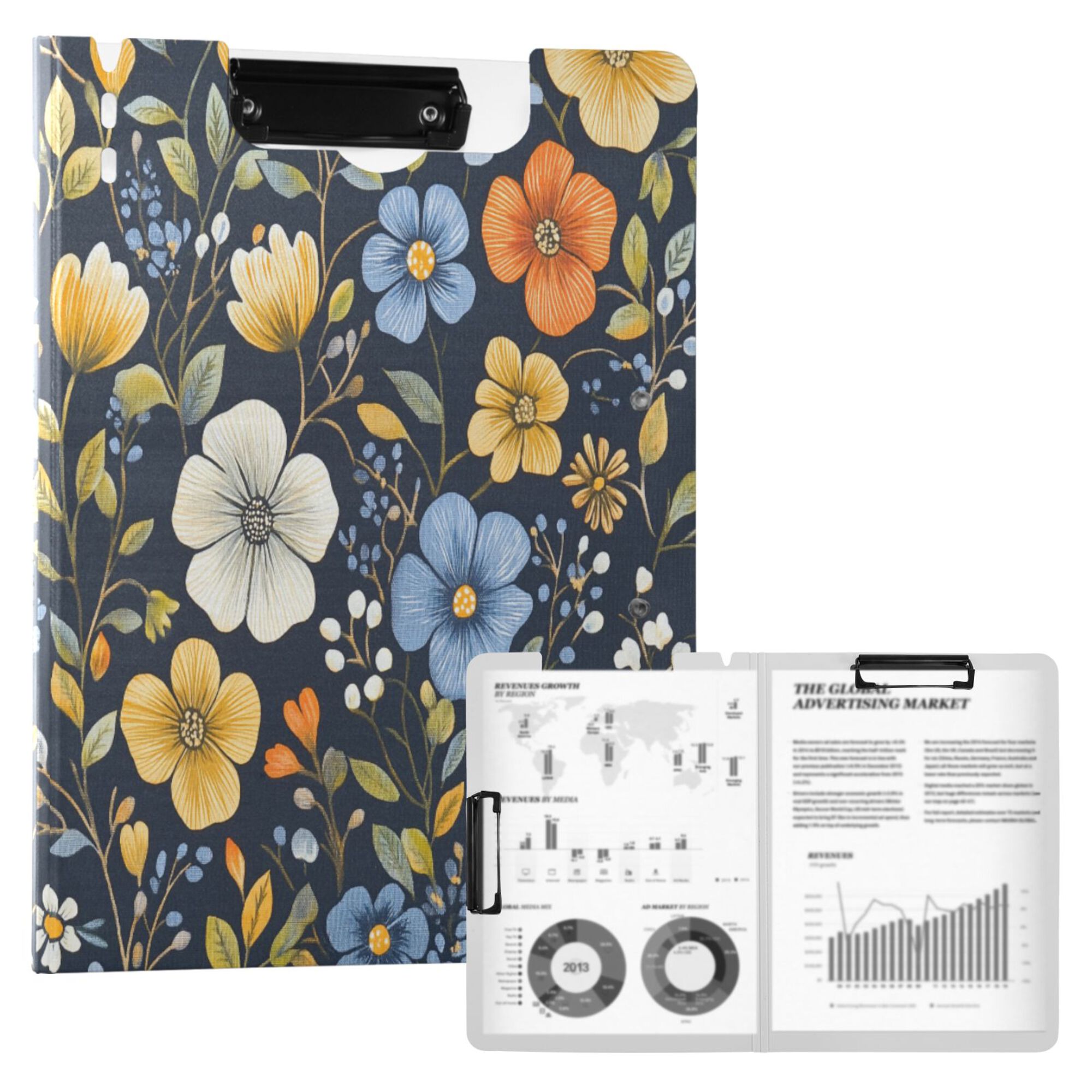 FORMRS A4 Clipboard Folder with Pen Holder Horizontal Foldable School Office Binder, Navy Floral Pattern
