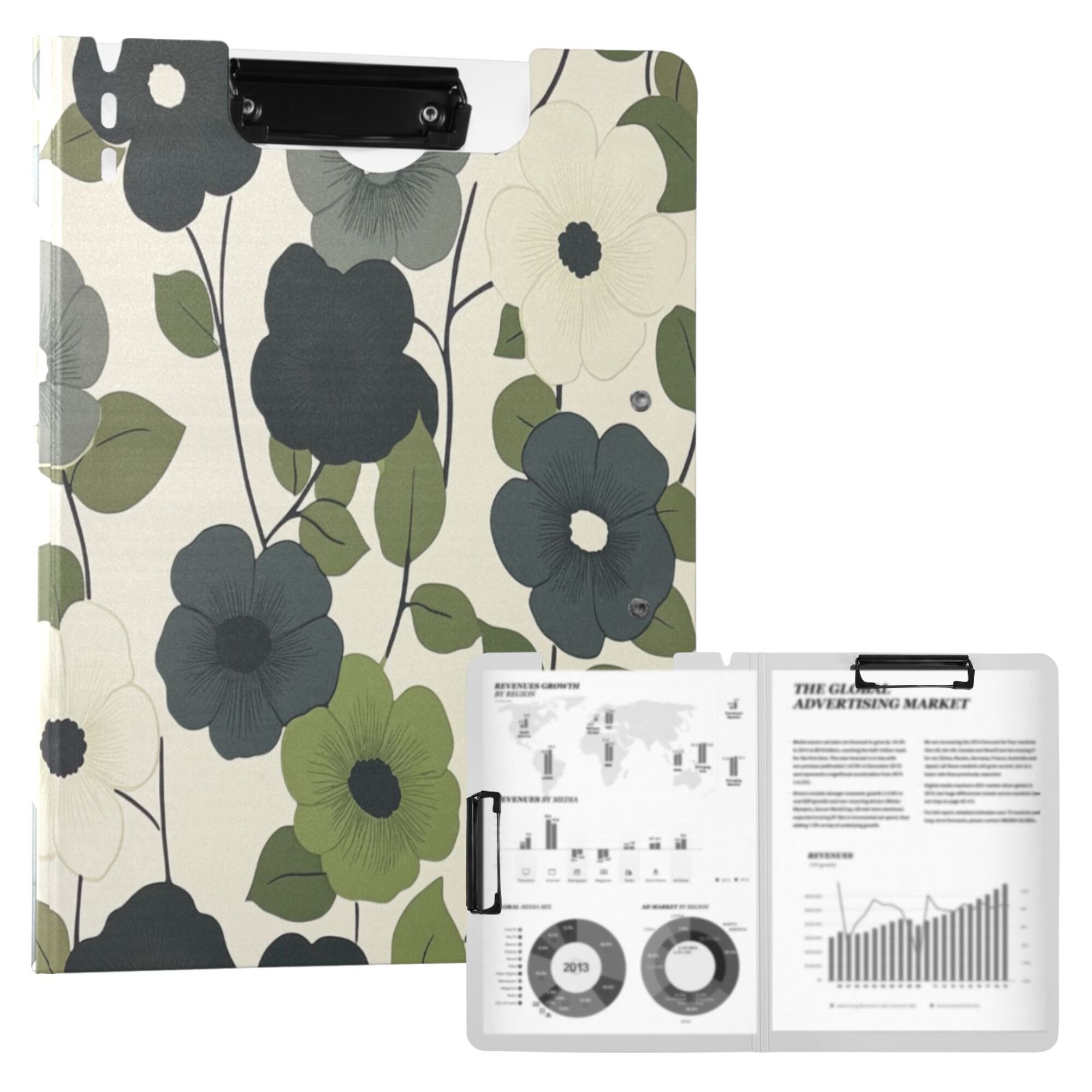 FORMRS A4 Clipboard Folder with Pen Holder Horizontal Foldable School Office Binder, Navy Flower