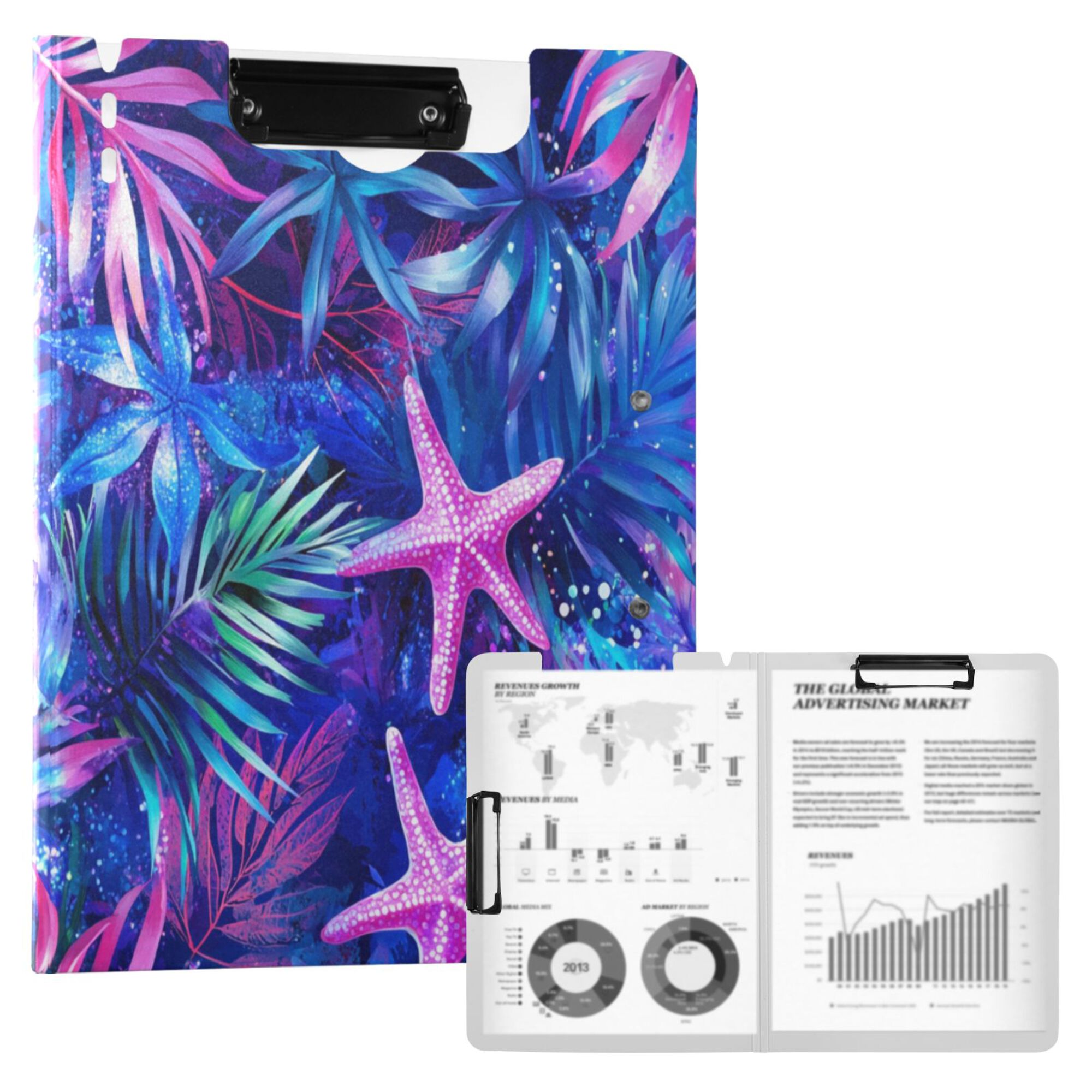 FORMRS A4 Clipboard Folder with Pen Holder Horizontal Foldable School Office Binder, Neon Pink Starfish
