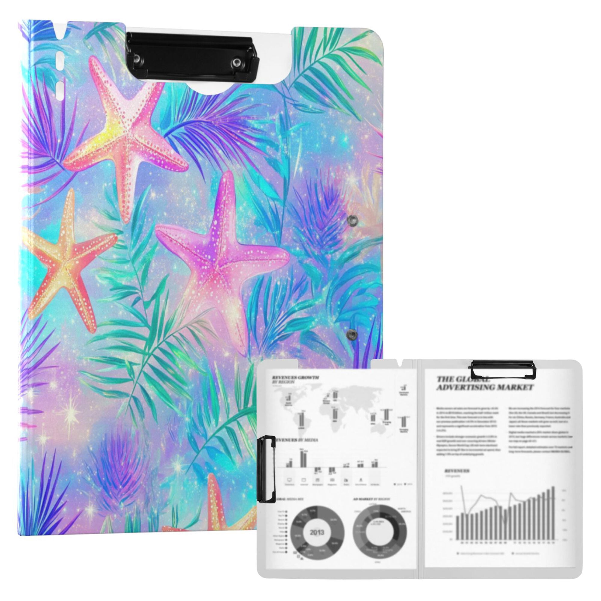 FORMRS A4 Clipboard Folder with Pen Holder Horizontal Foldable School Office Binder, Neon Starfish Pattern